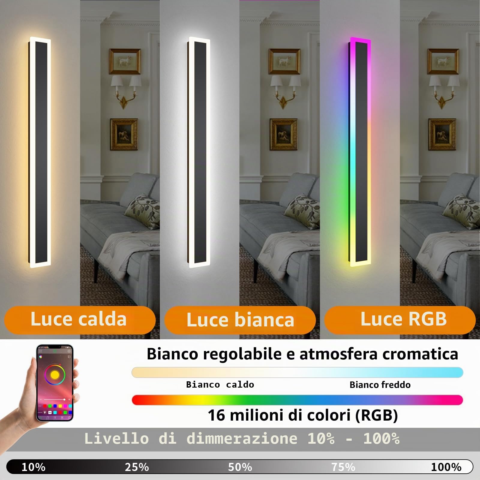 RGB LED Illuminazione da Parete Esterno, 120cm 2Pezzi RGB/Caldo/Bianco Metallo Dimmerabile Lunga Luci Esterne Parete, Ip65 Impermeabile con Telecomando e APP per Esterni/Interni, Giardini, Villa-120cm