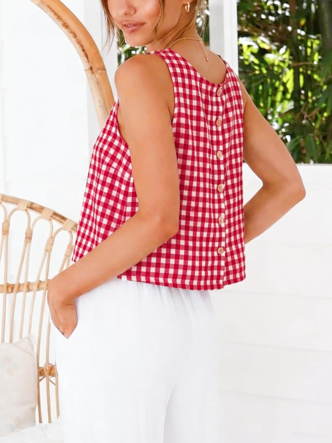 IDEALSANXUN Womens Gingham Crop Tank Tops 2026 Spring Summer Sleeveless Vest Top - Image 2