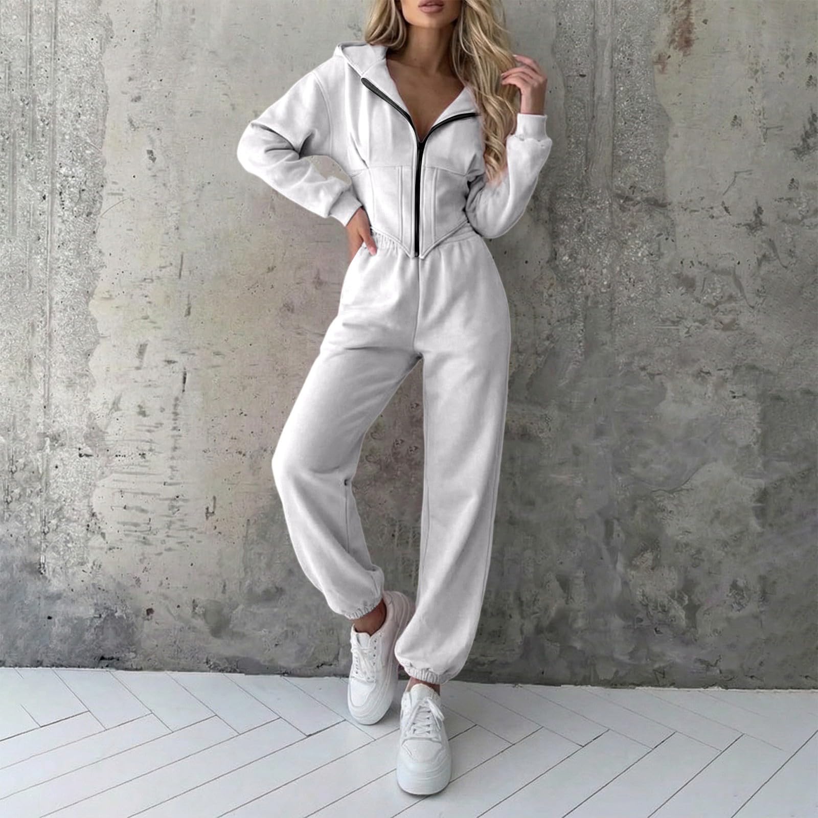 Tuta sportiva da donna, set da 2 pezzi, felpa con cappuccio a maniche lunghe, pantaloni da jogging con polsini, tuta da jogging da donna, tuta da jogging da donna, felpa con cerniera e
