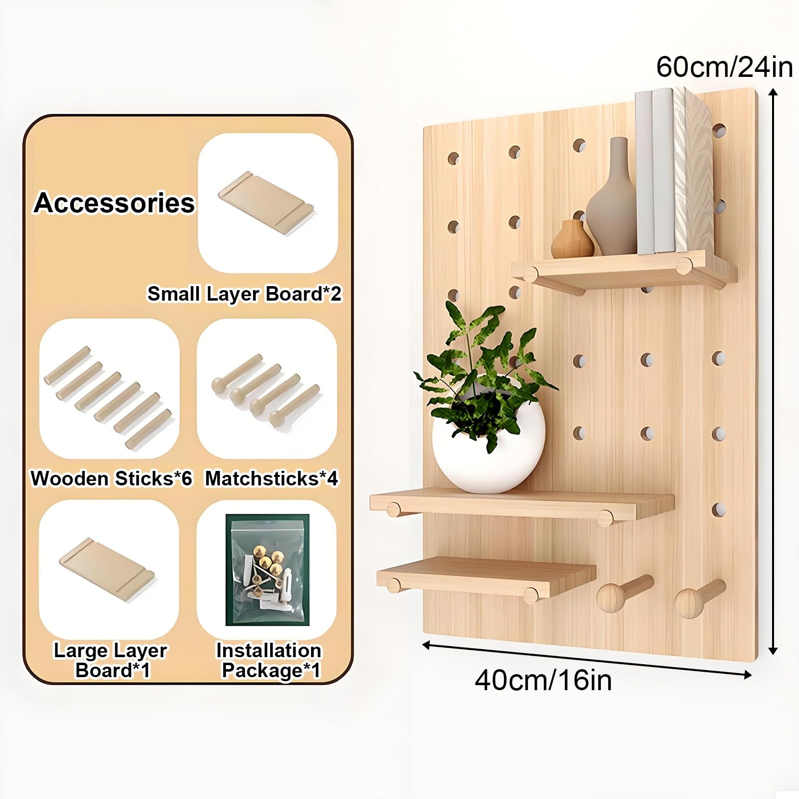 Stecktafel aus Holz, Wandmontage, Werkzeugwand für Arbeitsplatz, Geschäft, Familie, Büro, Schlafzimmer, Stabile Tragfähigkeit(Black)