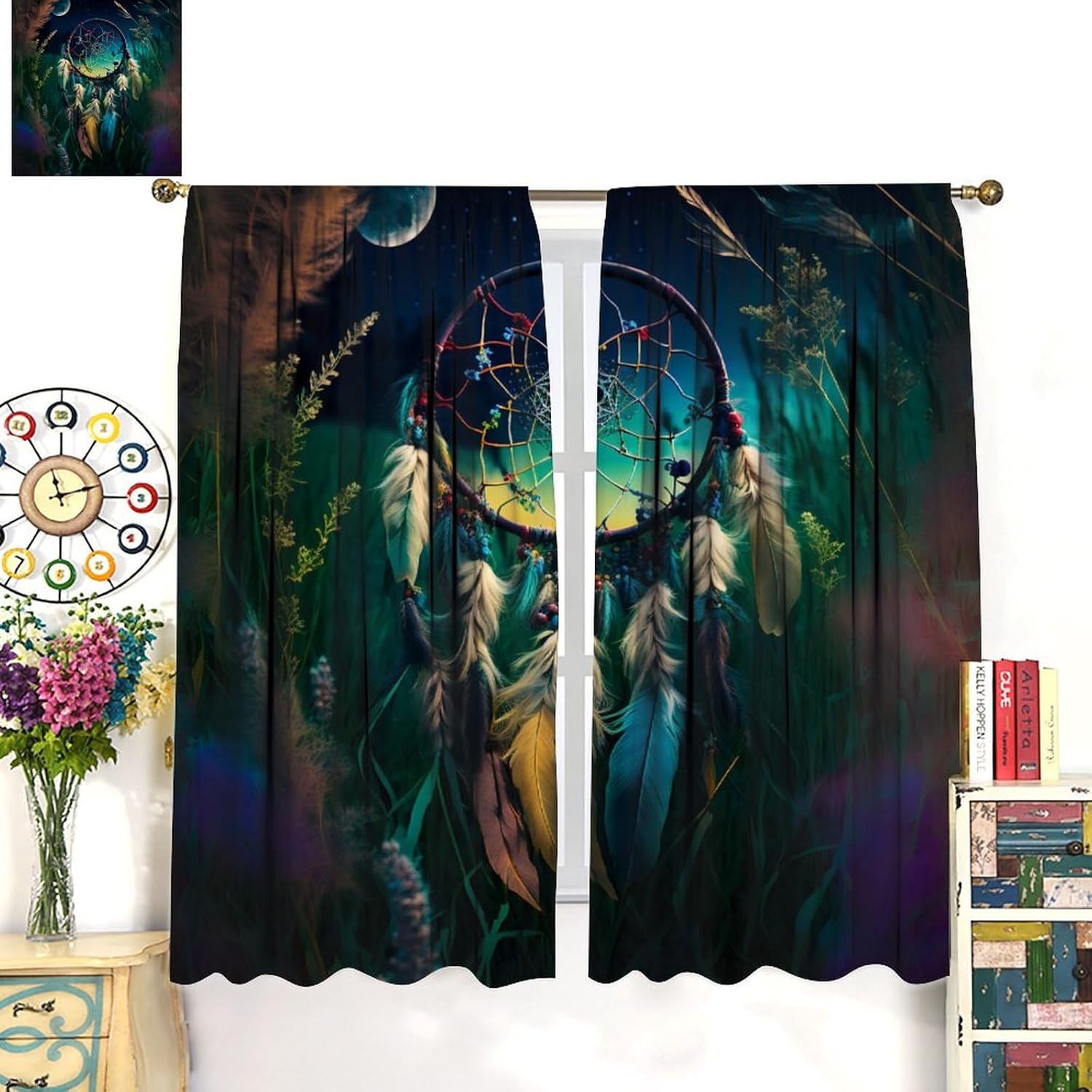 Aesthetics Vintage Dream Catcher Curtains - Native American Watercolor Forest Night Dreamcatcher Thermal Insulated Blackout Curtains - Rod Pocket Window Treatment Drapes 2 Panels 45L x 21W