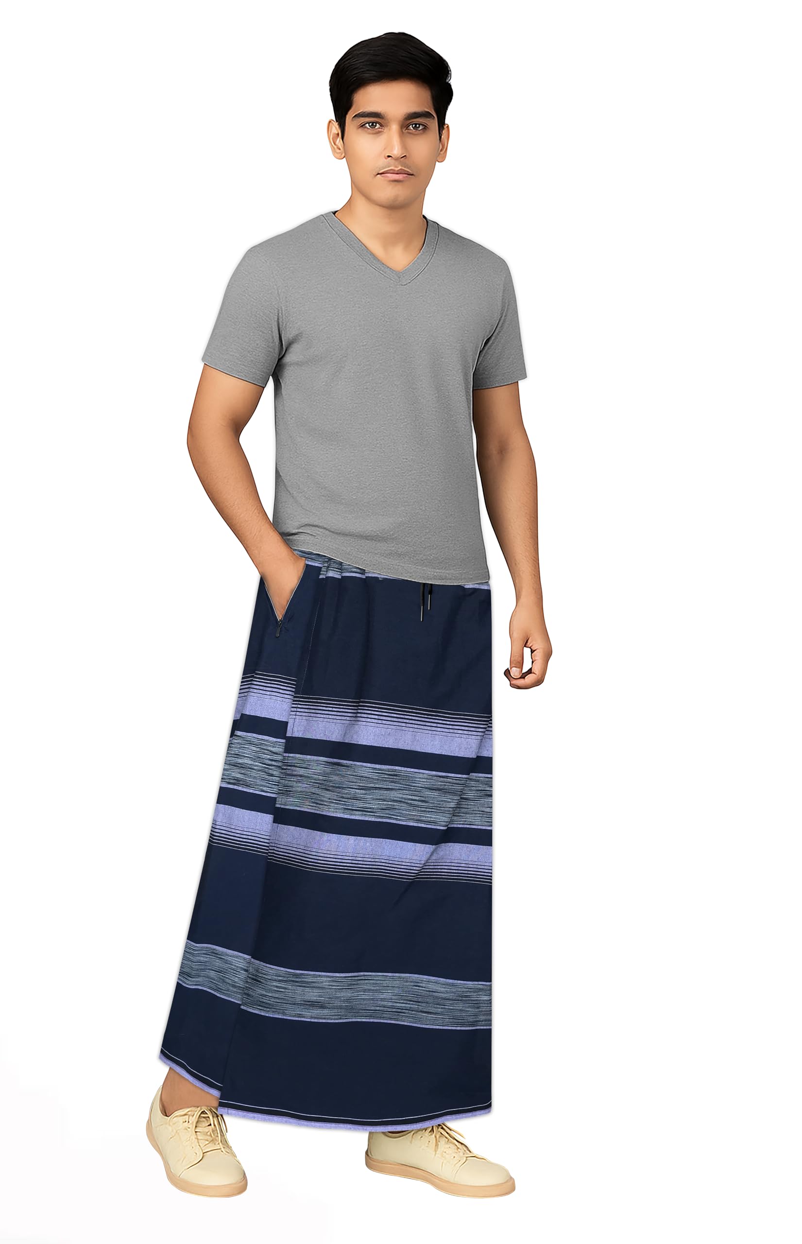 Elastic/Strechable/Easy to Wear/No Frock Type/Zipper Pocket/Adjustable Cord Strap/Manly/Handsome Cotton Blend Feel Good Ready to Use Lungi Pack of 1 - Lal Navy-image-29