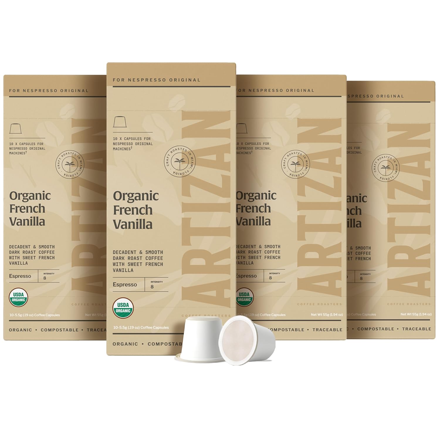 Artizan Coffee USDA Organic Espresso Coffee Capsules For Nespresso Original | French Vanilla Flavored | 40 Compatible Compostable Pods