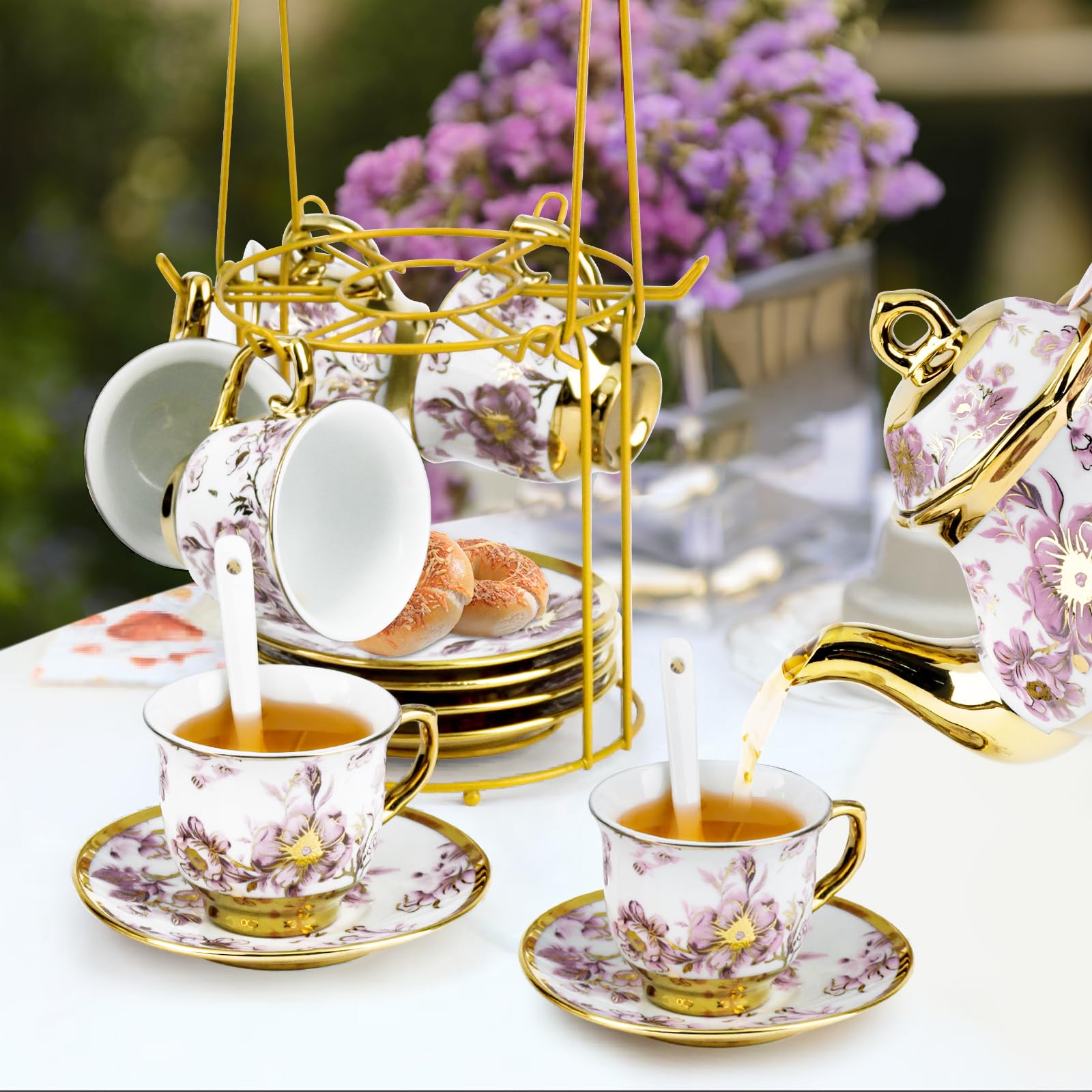 Juego de té de porcelana de 20 piezas con soporte de metal, regalo para adultos, juego de té de cerámica europea para adultos, juego de platillo de taza de té de flores para fiesta con pintura de