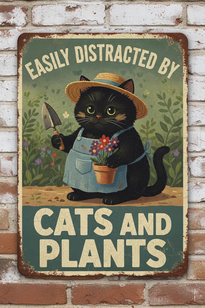 Vintage Black Cat Tin Sign Easily Distracted by Cats and plants Retro Wall Decor Garden Plaque Funny Cats Lovers Metal Poster Kitchen Store Cafe Toilet Bathroom Restroom Bar Pubs 8x12inch