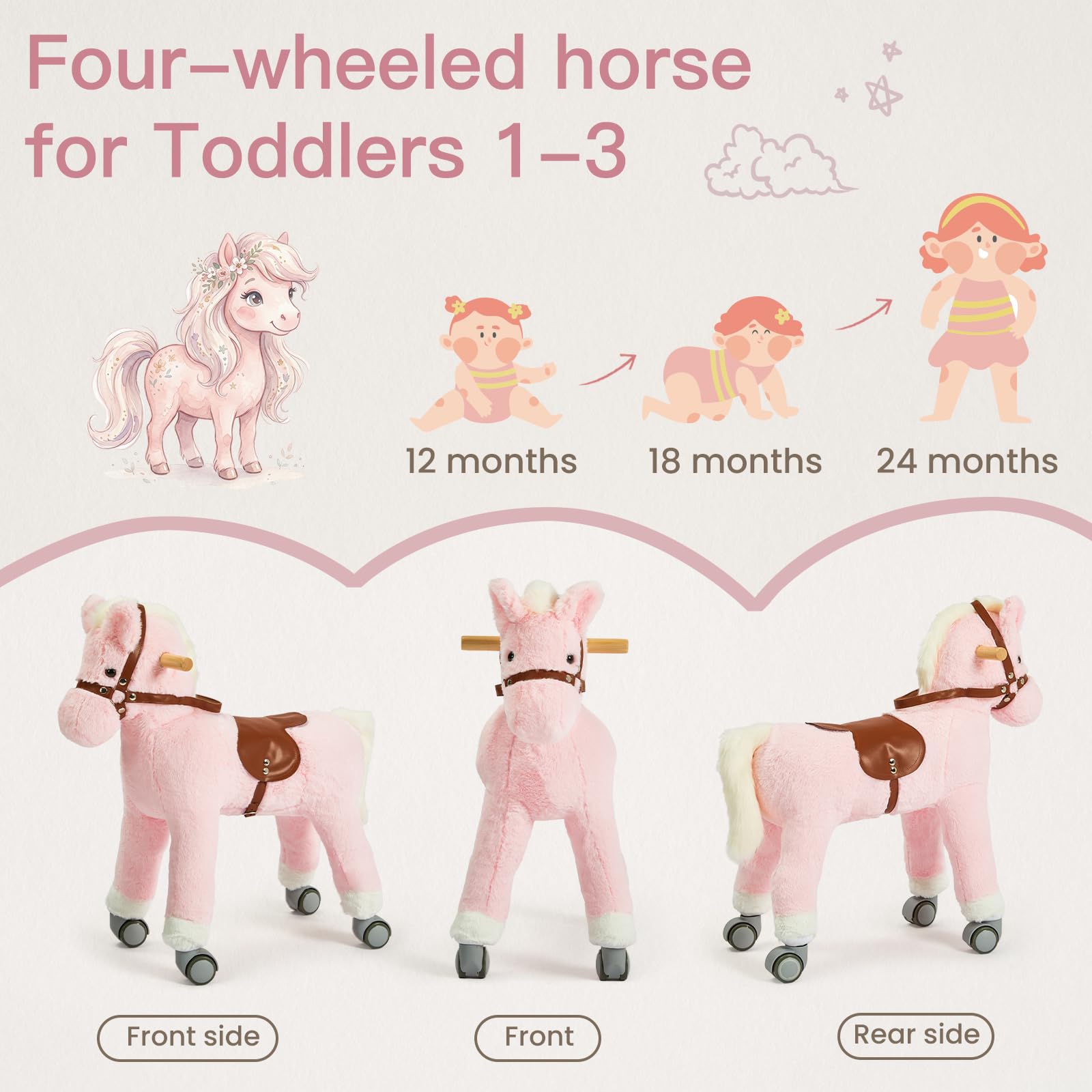 Labebe Cavallo da equitazione, cavallo da gioco con ruote in peluche