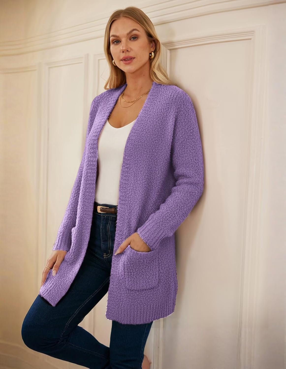 GRACE KARIN Long Cardigan Sweaters for Women, Open Front Fuzzy Winter Coat, Chunky Knit Winter Clothing with Pockets - Image 5