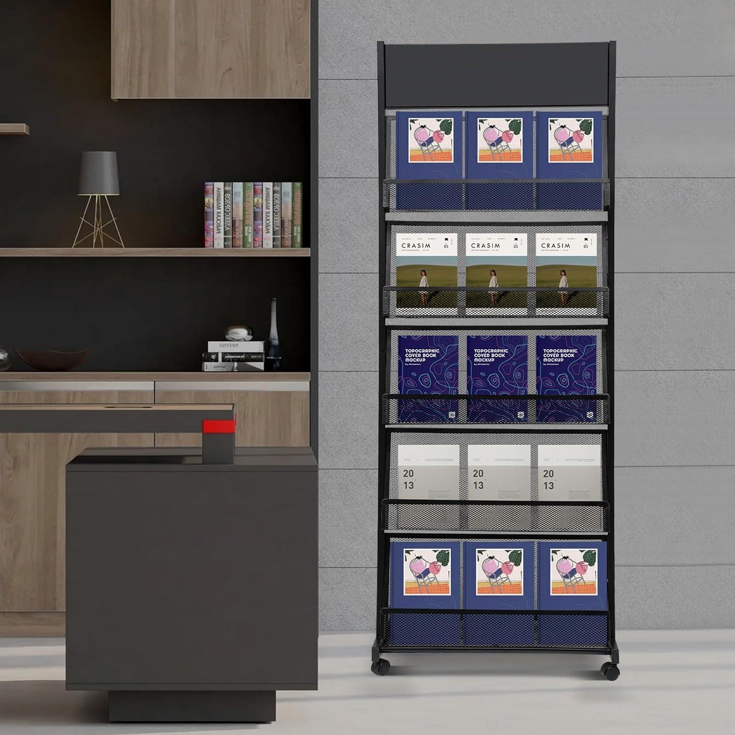 5 Tier Magazine Display Stand on Wheels Movable Floor Standing Magazine Holder Wide Catalog Literature Rack Floor Standing 5 Layers Brochure Display Stand Wide for Exhibitions Office Trade Show