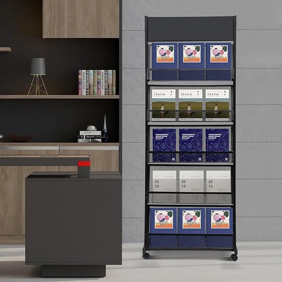 Magazine Rack, Brochure Display Stand on Wheels, 5 Pockets Catalog Literature Rack, Magazine Holder Newspaper Stand for Exhibitions Office Retail Store Trade Show
