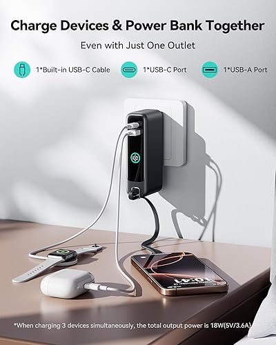 Miniatura 5 de INIU Cargador portátil 3 en 1, banco de energía de carga rápida de 10000 mAh 30 W, cable USB C integrado y enchufe de CA plegable, paquete de