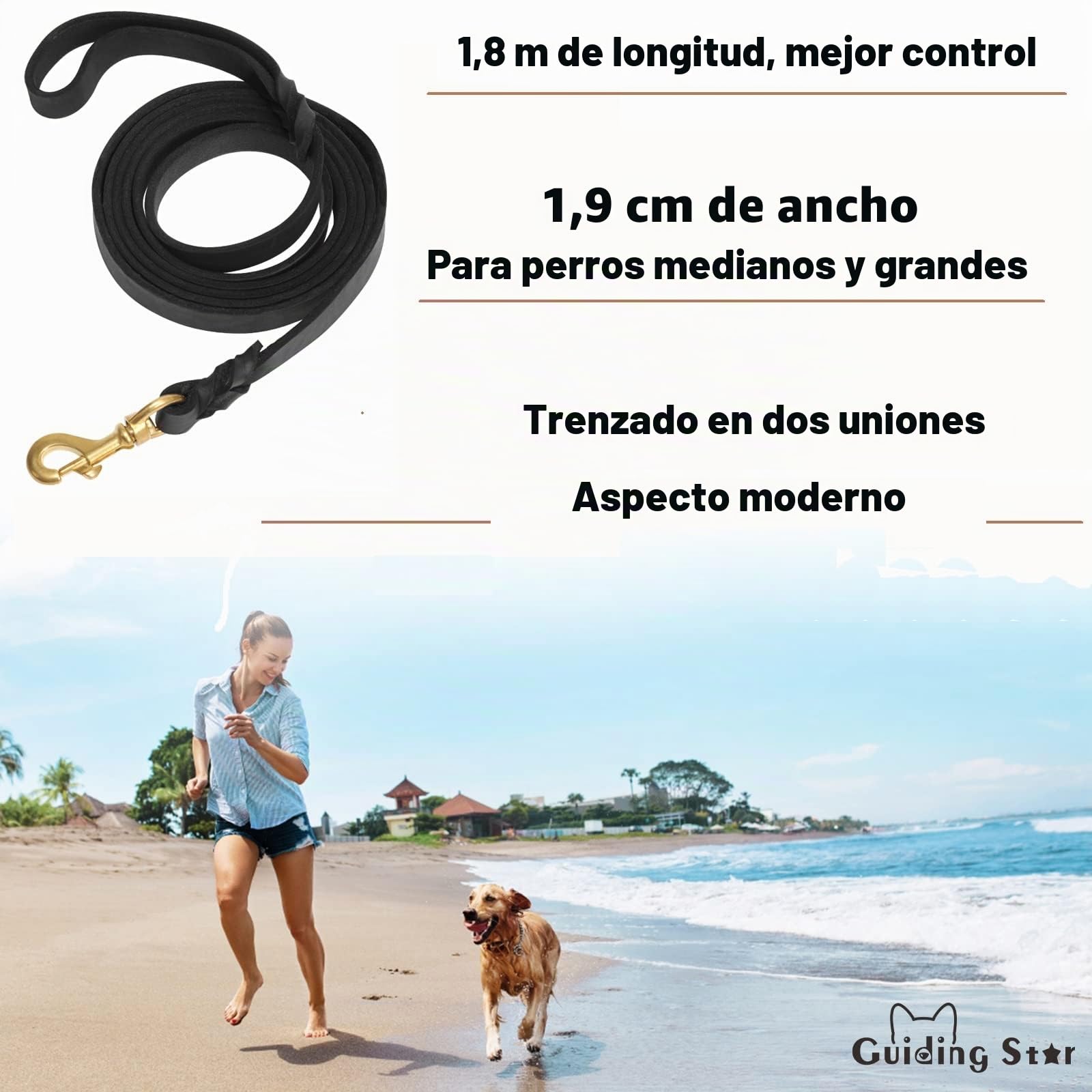 Guiding Star Correa de Cuero Negro para Perro, 6 pies, Suave y Duradera, Hecha a Mano, Correa de Perro de Cuero Trenzado, Resistente y Fuerte, Correa de Entrenamiento para Perros Grandes y medianos