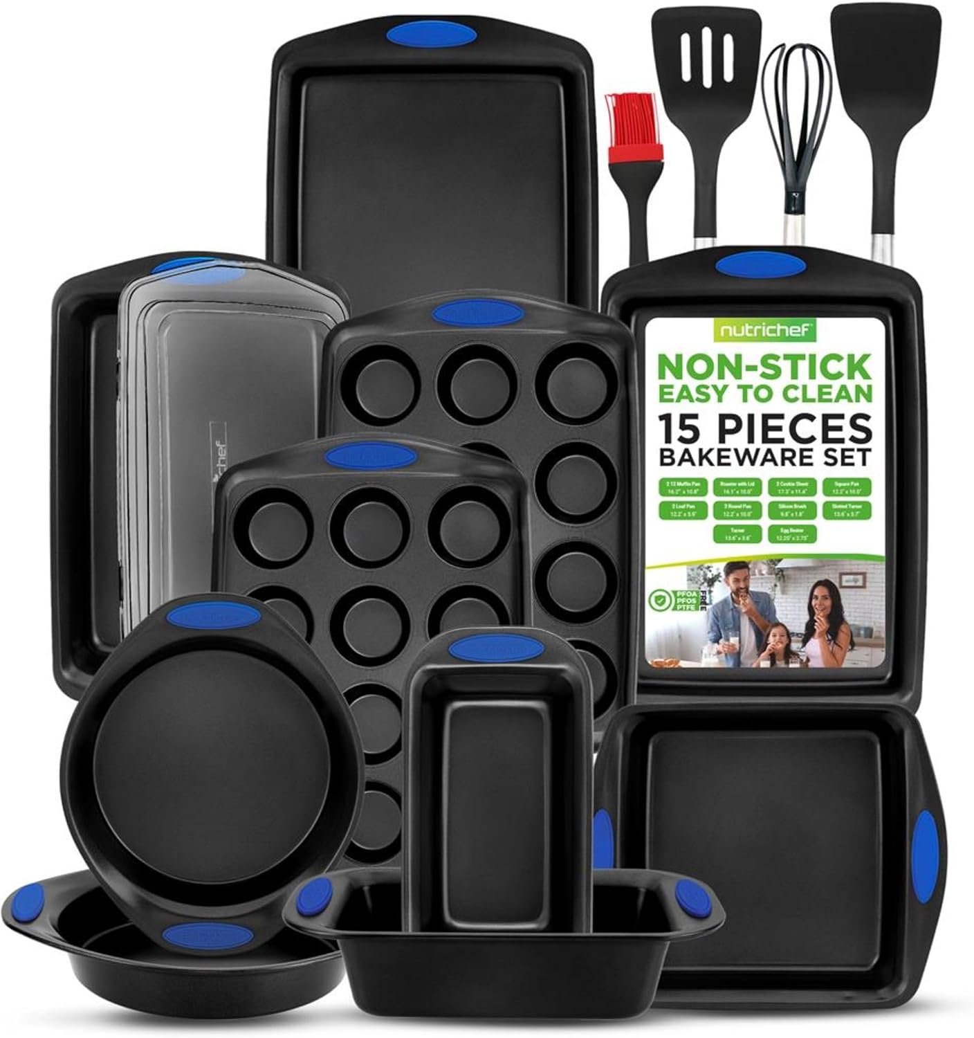 NutriChef 15-Piece Baking Pan Set - PFOA, PFOS, PTFE Free Flexible Nonstick Gray Coating Carbon Steel Bakeware - Professional Home Kitchen Bake Cookie Sheet Stackable Tray w/Blue Silicone Handles
