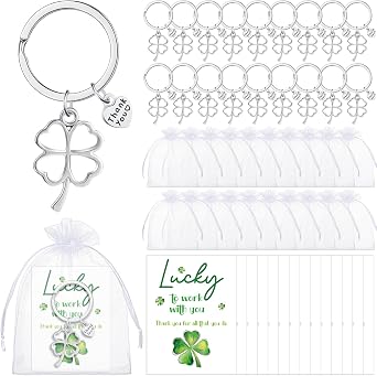 Quelay St. Patricks Day Gifts Bulk Shamrock Employee Appreciation Clover Keychains Lucky Card Thank You Staff Gifts