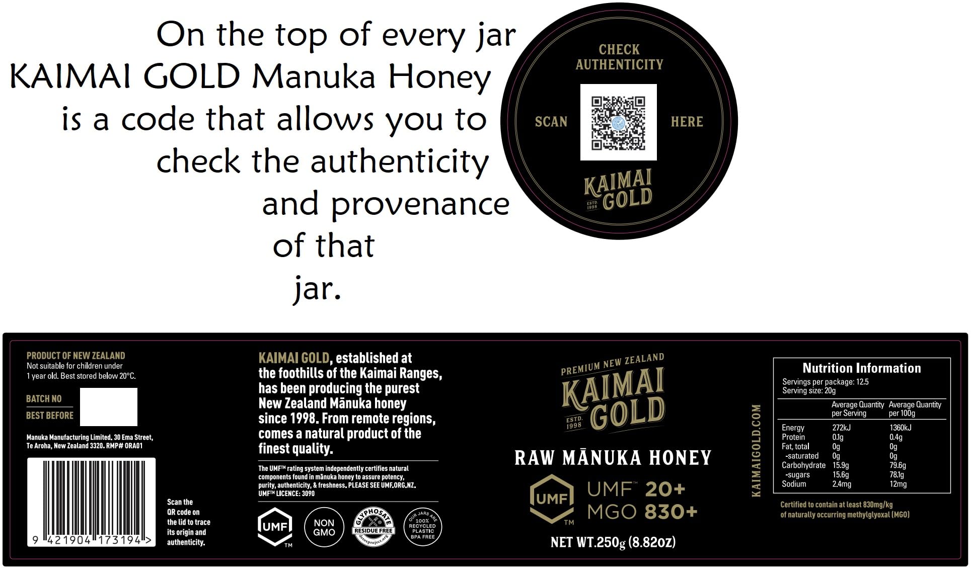 Kaimai Gold MGO 830+ / UMF 20+ Manuka Honig * 2x 250G Premium Monofloral UMF® Zertifizierter Neuseeländischer ManukaHonig * MGO 696 700 720 = UMF 18, 800 820 = UMF 19, 829 850 = UMF 20, 1000 = UMF 22