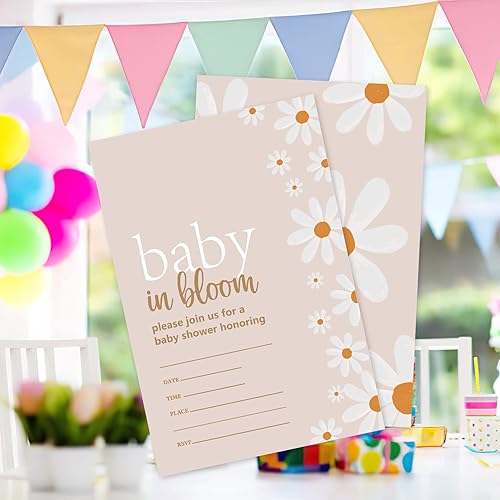 Miniatura 4 de 20 juegos de invitaciones de margaritas para baby shower con sobres, Baby in Bloom Daisy Flower Floral Tarjetas de invitación impresas de doble cara