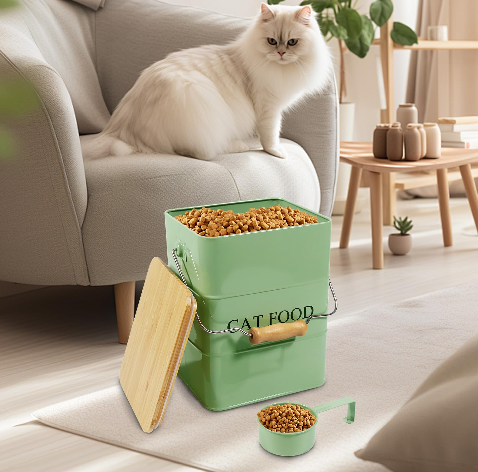 ZoeQide Metalen kattenvoer, opbergdoos, 6 liter, voedercontainer voor katten met houten deksel, handvat, schep en maatbeker, luchtdichte voorraaddoos voor snacks, lekkergroen