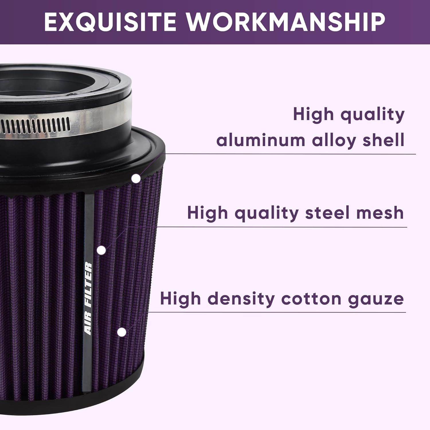3 3.5 4 Inches Cold Air Intake Filter 76mm 89mm 101mm High Performance Washable Clamp-On Replacement Cone Air Filter 3 in 1 Size Purple