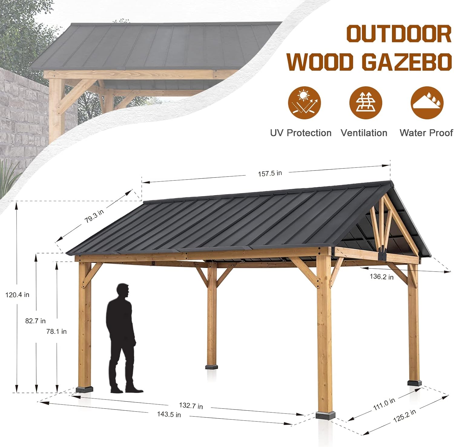 Diagram showing the overall dimensions of the COOS BAY 11x13 Hardtop Gazebo