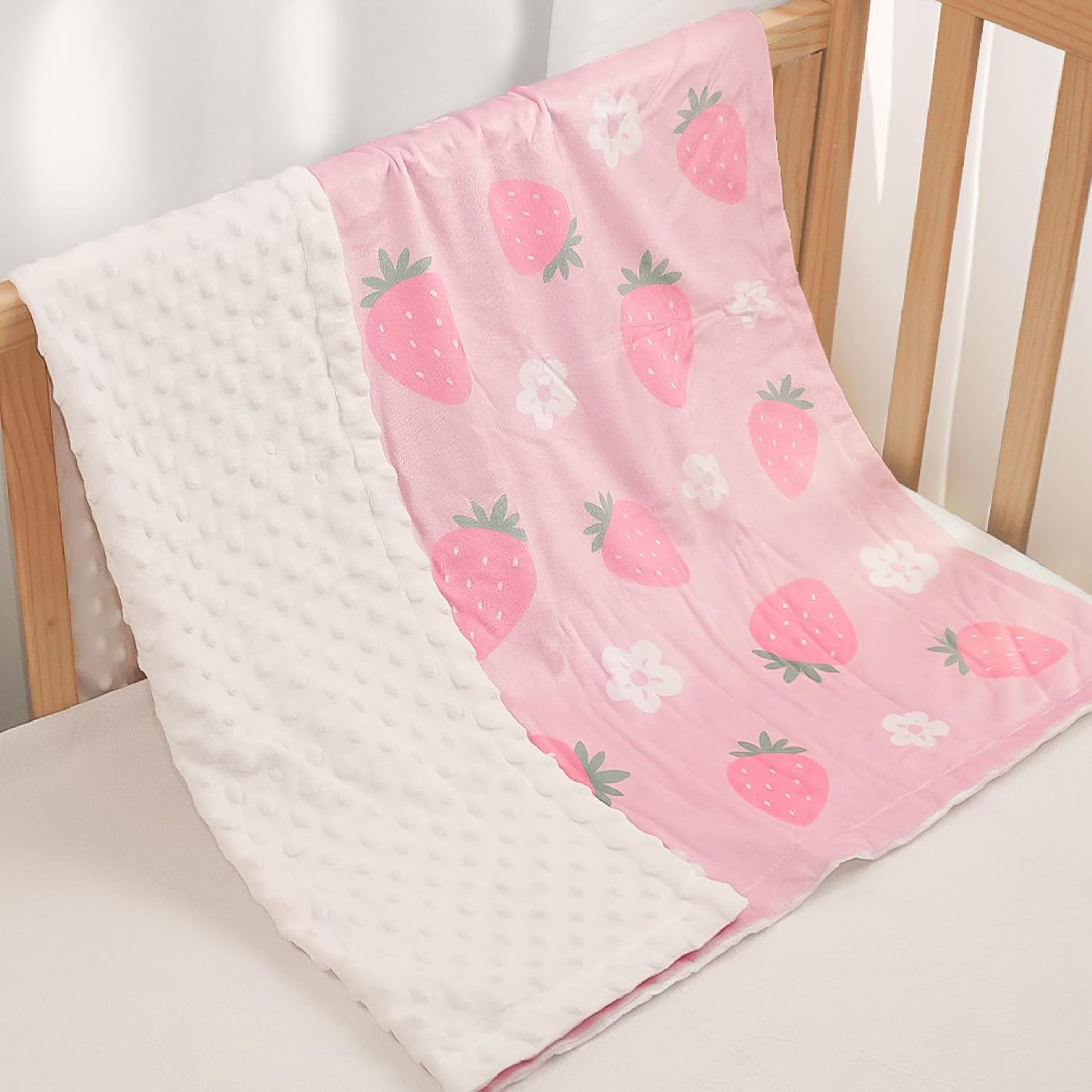 Strawberry Minky Baby Blanket 30 x 40 Inches for Girls, Soft Plush Receiving Blanket with Dotted Back, Gift for Toddler Newborn Infant Christmas Birthday Baby Shower image 5