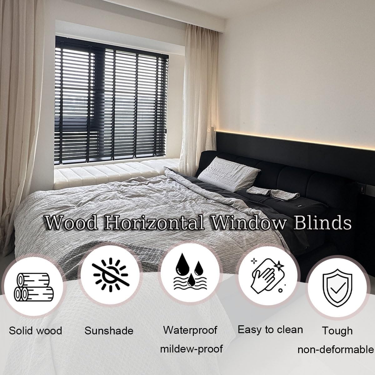 2 Inch Solid Wood Blinds Shades for Indoor Windows, Custom Size W15~77"×H20~120", Light Filtering Privacy Venetian Blinds, Wooden Horizontal Window Blinds for Living Room Office, Cordless(White)