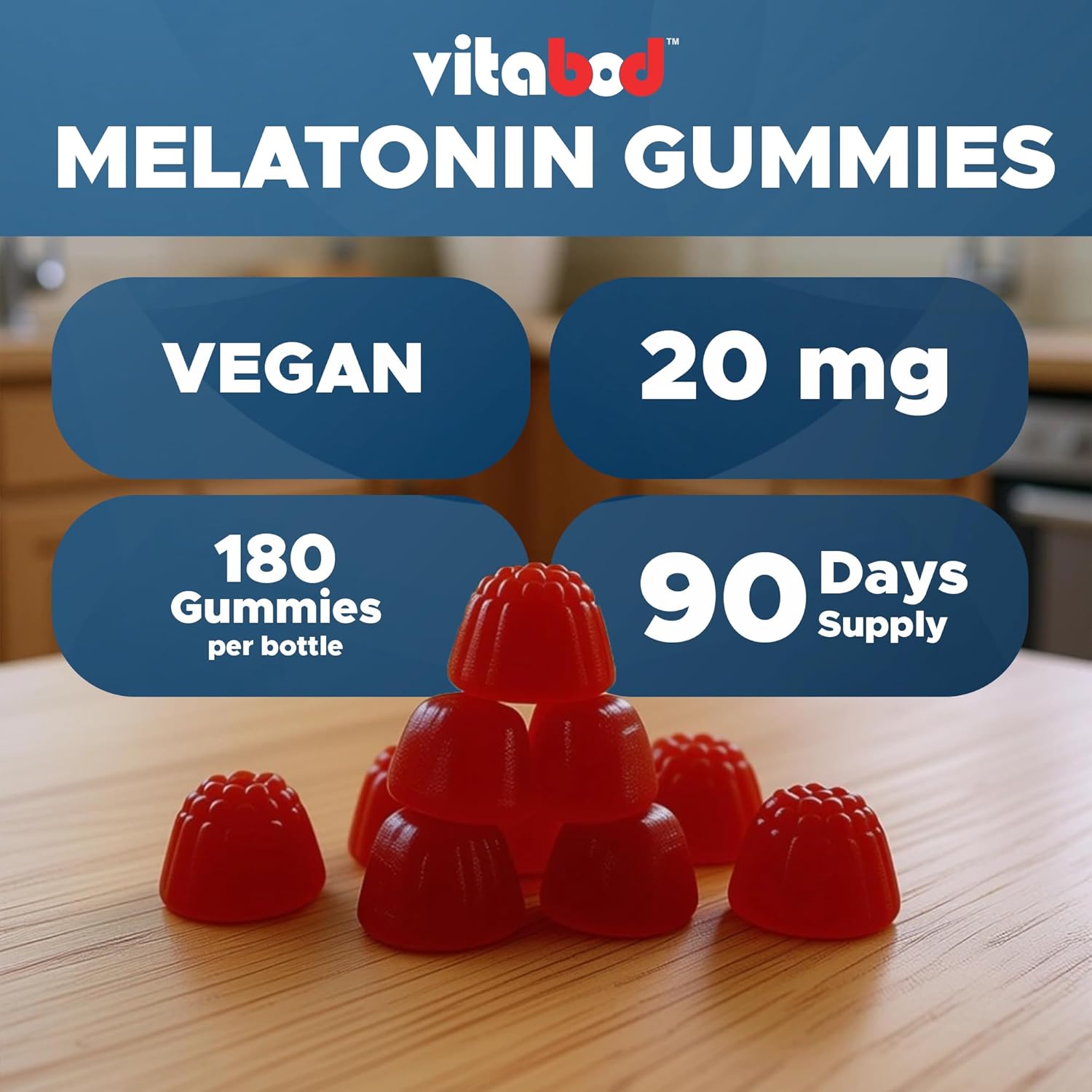 Vitabod Melatonin 20mg Gummies - 180 Count - Drug Free - Natural Strawberry Flavor - Vegetarian, Non-GMO, Gluten Free (2 Bottles)