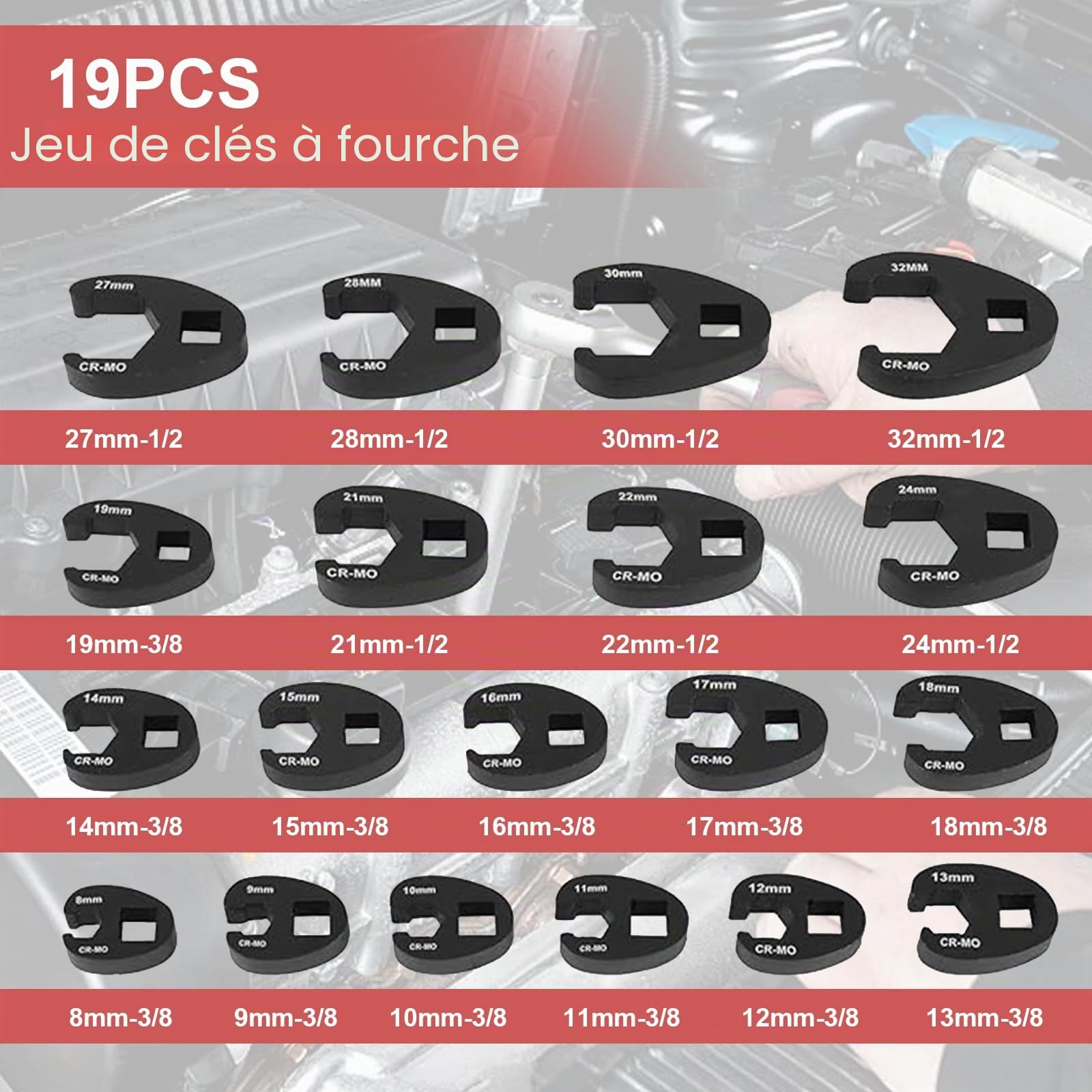 Jeu de 19 clés à pied de coq - Clé à molette - Clé à fourche - Clé plate - Entraînement carré extérieur 1/2" 3/8" - 8-32 mm - Acier CR-MO métrique