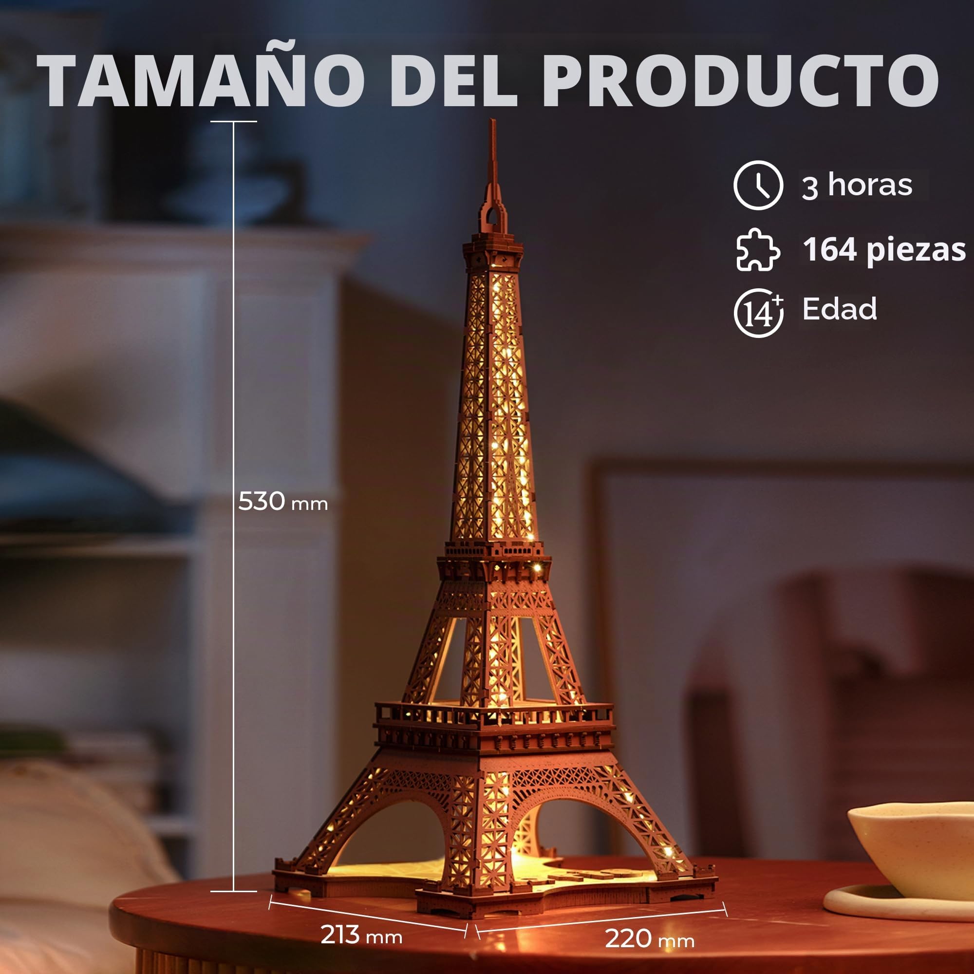 Rolife Puzzle 3D Torre Eiffel Maquetas para Construir Adultos Kits de Construcción Puzzle Madera Adultos Maquetas para Montar con Luces LED 164pcs (TGL01)