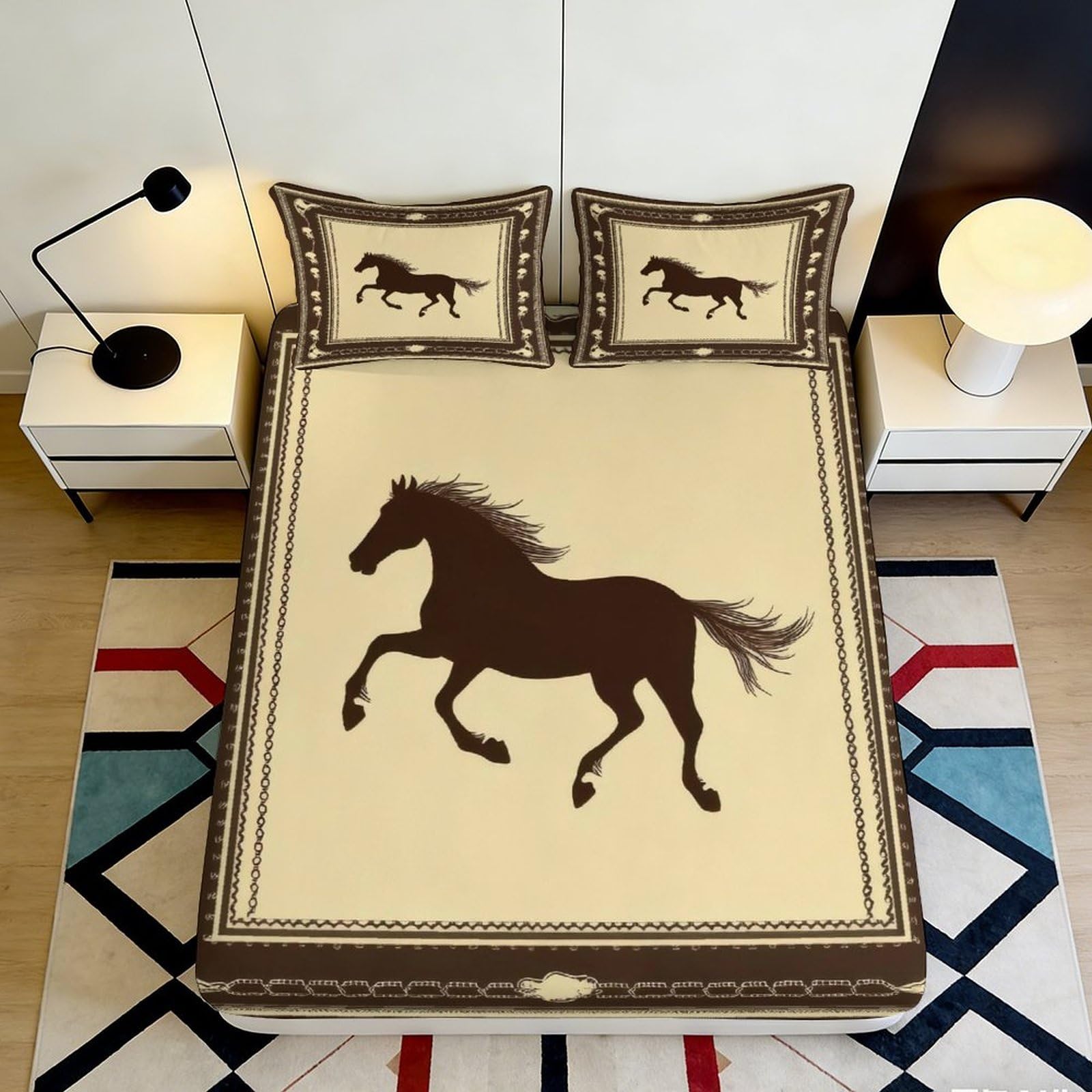3D Printed Galloping Horse Fitted Sheet Microfiber Beige Bed Cover for Bedroom Dorm Mattress Protection Decor 90x200x25cm