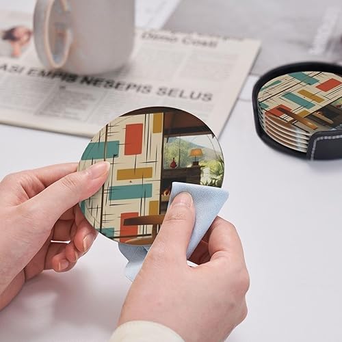 Miniatura 7 de Juego de 6 posavasos modernos de mediados de siglo con soporte de cuero, protector de mesa para bar, decoración de tazas, almohadilla para mesa de