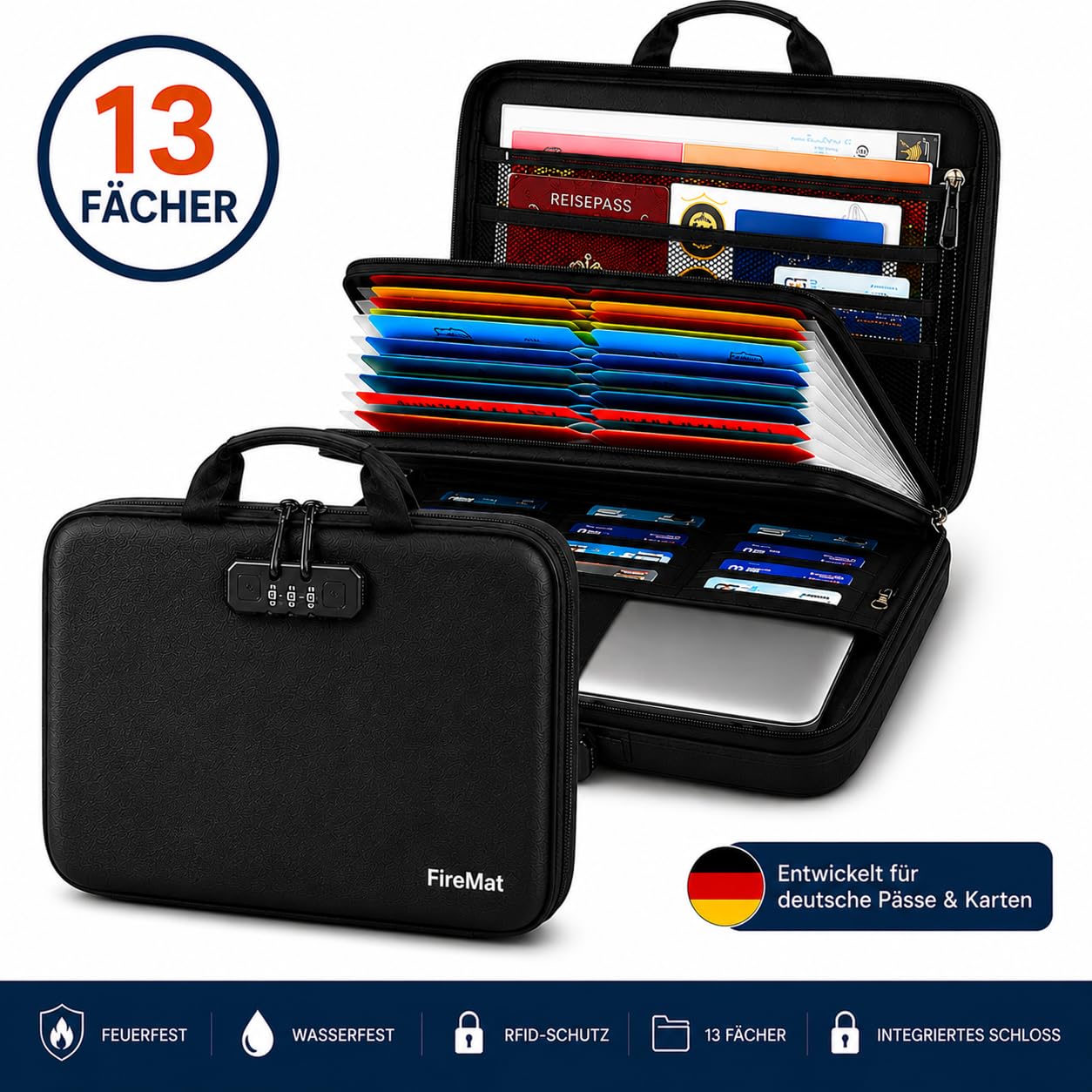 FireMat Feuerfeste Dokumentenmappe mit Hartschale – Aufbewahrungsbox mit Zahlenschloss, wasserfest, 13 Fächer, UL-94 zertifiziert, für A4 Dokumente, Pässe & Laptop (28,5 x 38,5 x 7,5 cm)