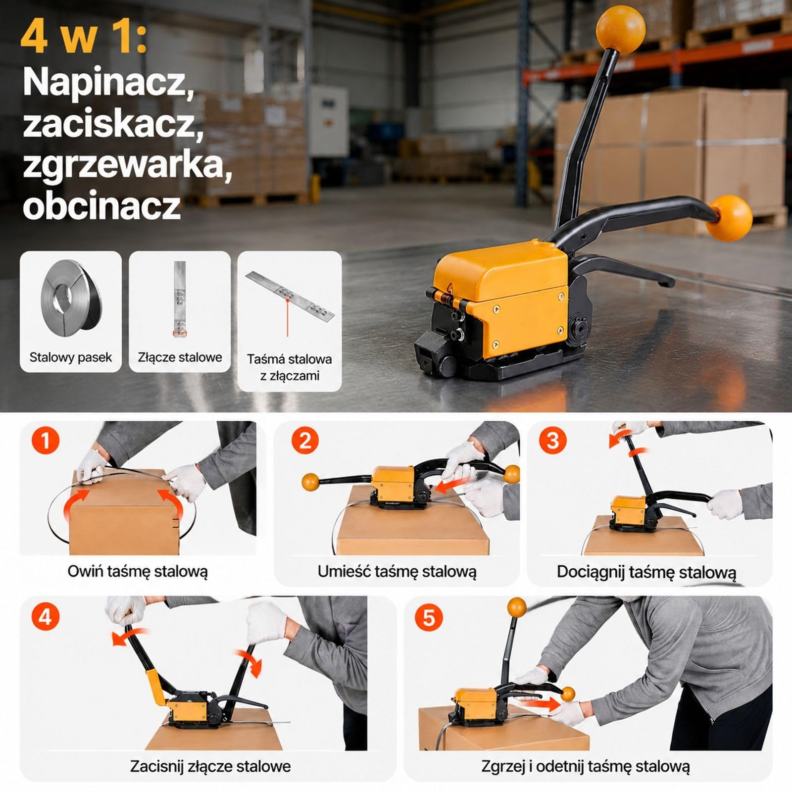 Ręczne narzędzie do spinania taśmą stalową, bez klamry, regulowana konstrukcja, do pakowania i transportu, do stalowych taśm oraz pracy z opasaniem