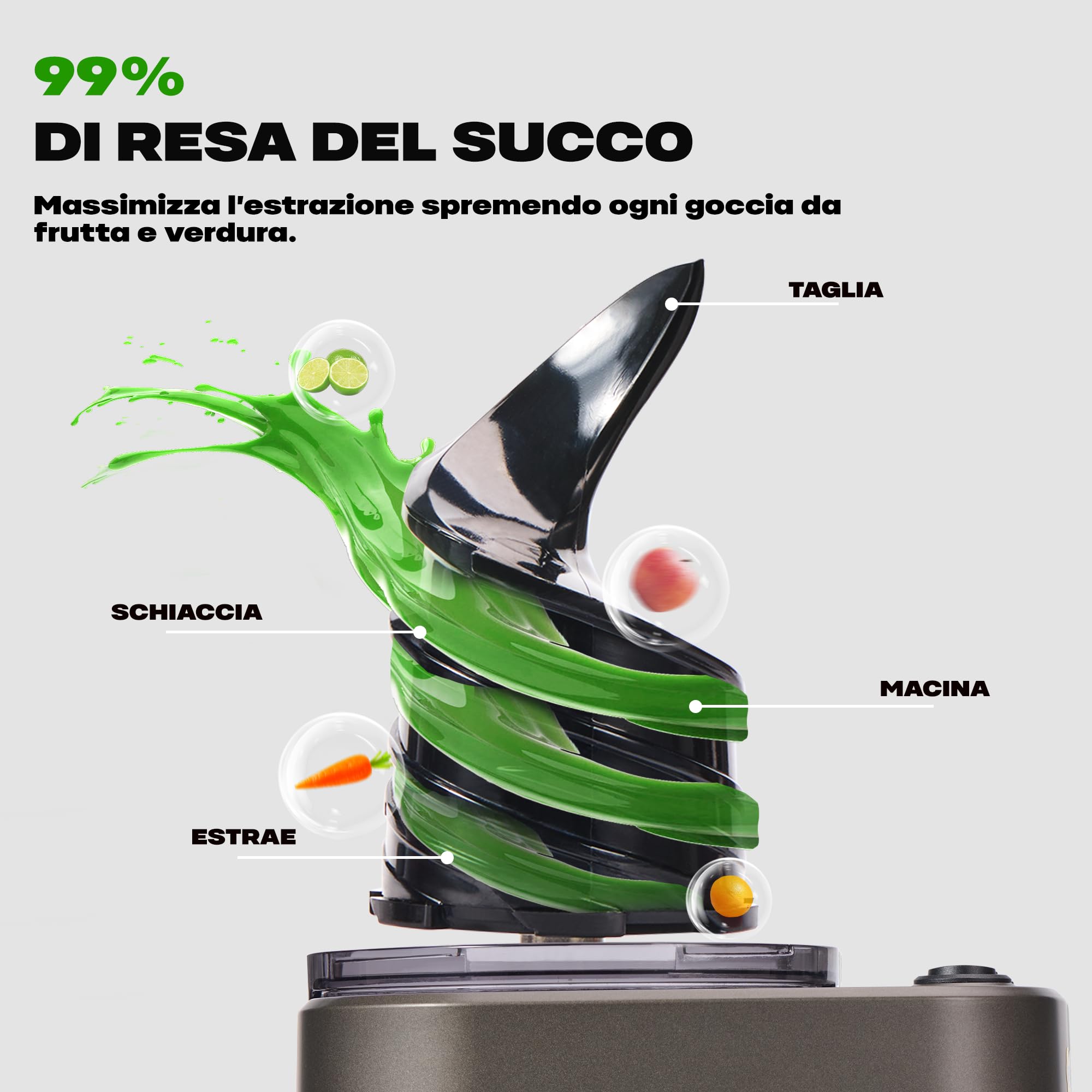 Estrattore Frutta e Verdura, Estrattore di succo con apertura di 14cm, Capacità 2L Juicer Machine Adatta a Frutta e Verdure, Grigio Opaco
