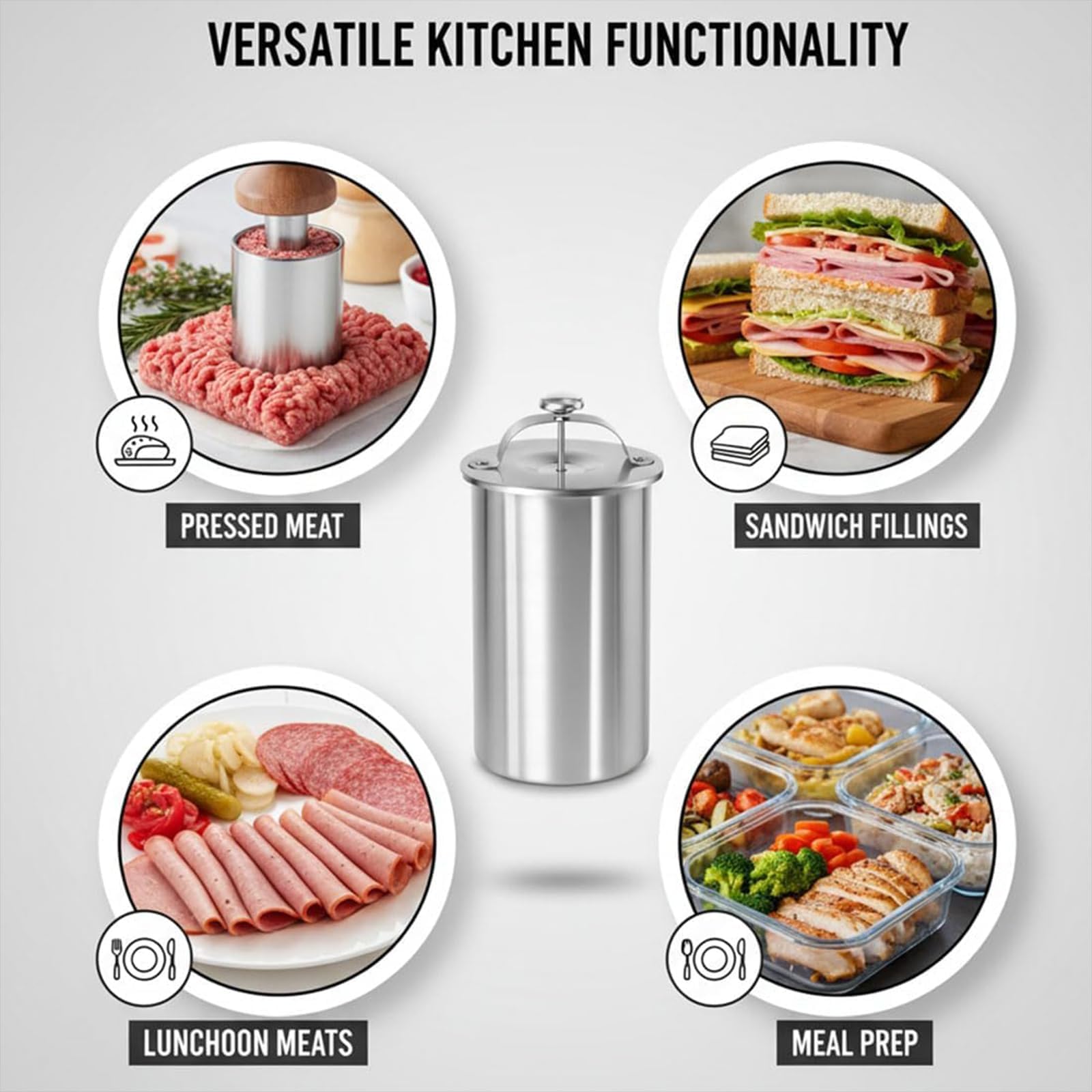 Presse à Viande en Acier Inoxydable avec Thermomètre et Mécanisme à Ressort – Moule pour Charcuteries, Jambon Maison et Viandes Froides – Idée Cadeau Originale pour la Cuisine (with Presser)