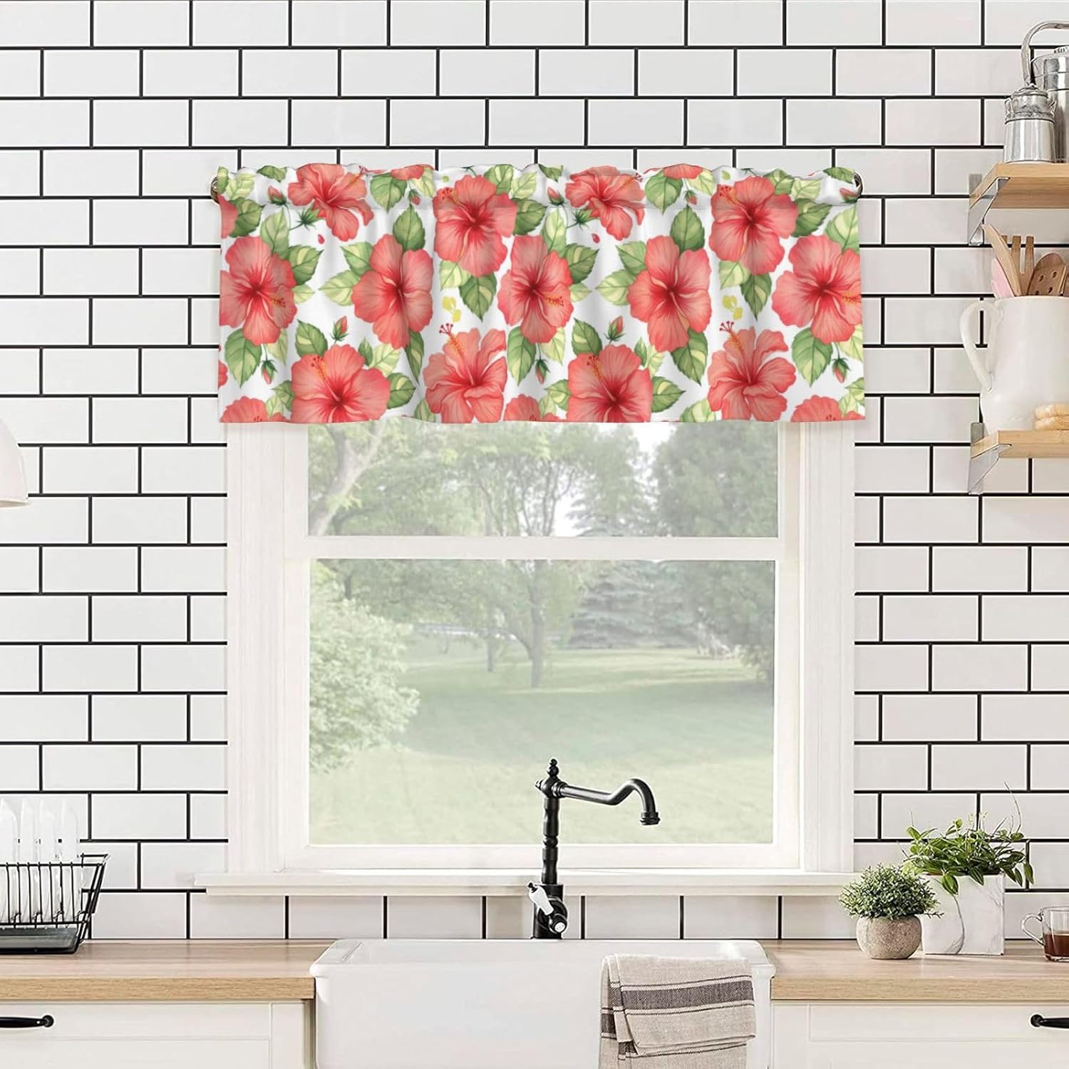 Valance for Windows Coral Hibiscus Flowers Green Leaves Decorative Rod Pocket Kitchen Curtain Valances Short Window Valance Curtains for Living Room Bedroom Bathroom 1 Panel 54x18Inch