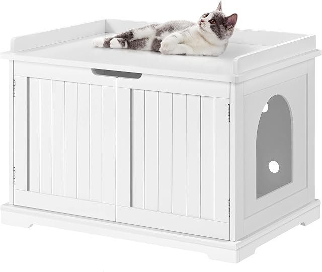 Yaheetech Wooden Cat Litter Box Enclosure, Indoor Hidden Litter Box with Double Doors, Moveable Partition & Ventilation Holes, Cats Washroom Storage Bench for Cat Kitty, White