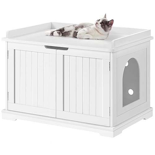 Yaheetech Wooden Cat Litter Box Enclosure, Indoor Hidden Litter Box Washroom Storage Bench with Double Doors, Moveable Partition & Ventilation Holes for Cat Kitty, White - White