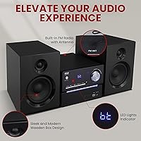 Vista 5 de Sistema estéreo Pyle CD/DVD P.M.P.O, caja de altavoces de madera de dos vías de 6 ohmios y subwoofer inalámbrico de 3 piezas con transmisión BT