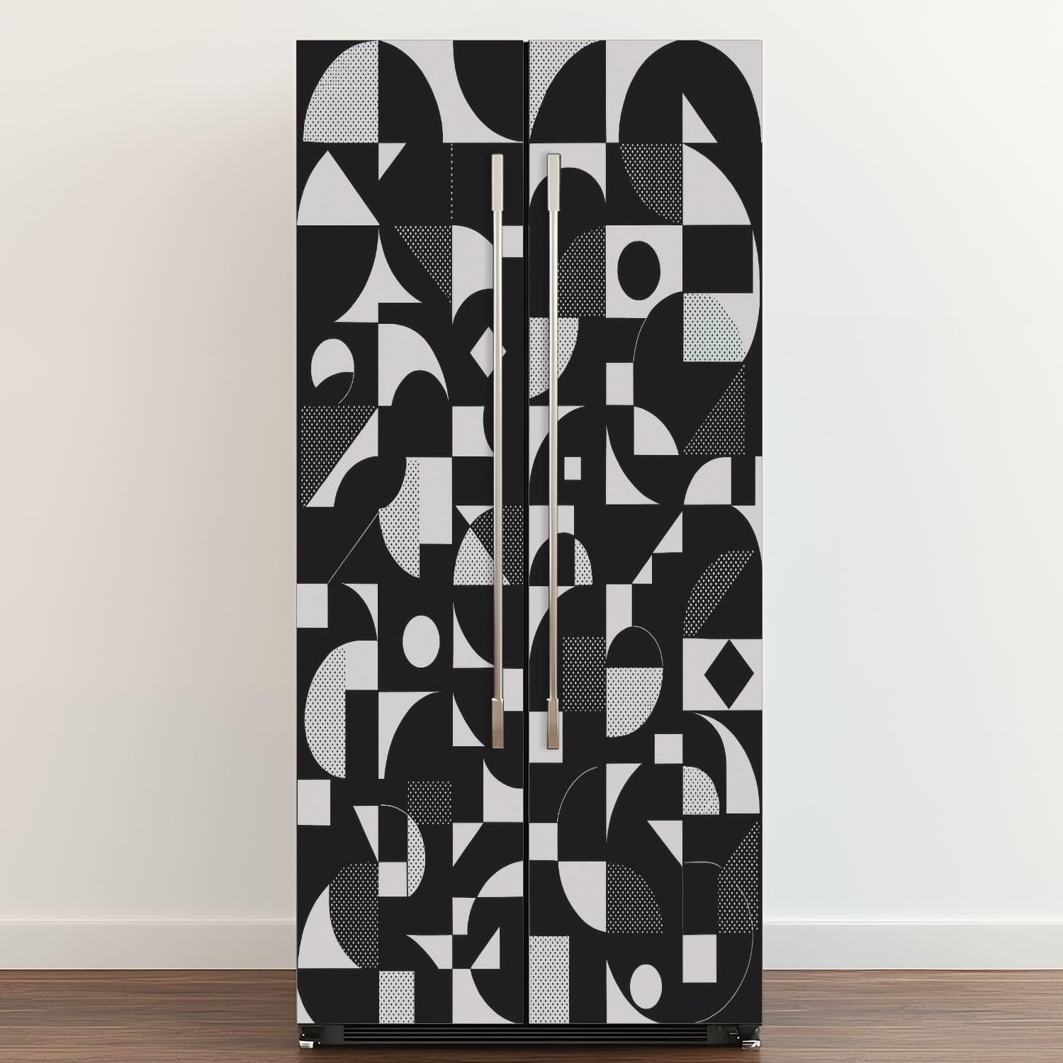 Self Adhesive Vinyl Refrigerator Wrap Black White Geometric Forms Textured Seamless Laconic Shapes Modern Door Mural Sticker Peel and Stick Removable Door Cover Fridge Wrap Decal for Kitchen Decor