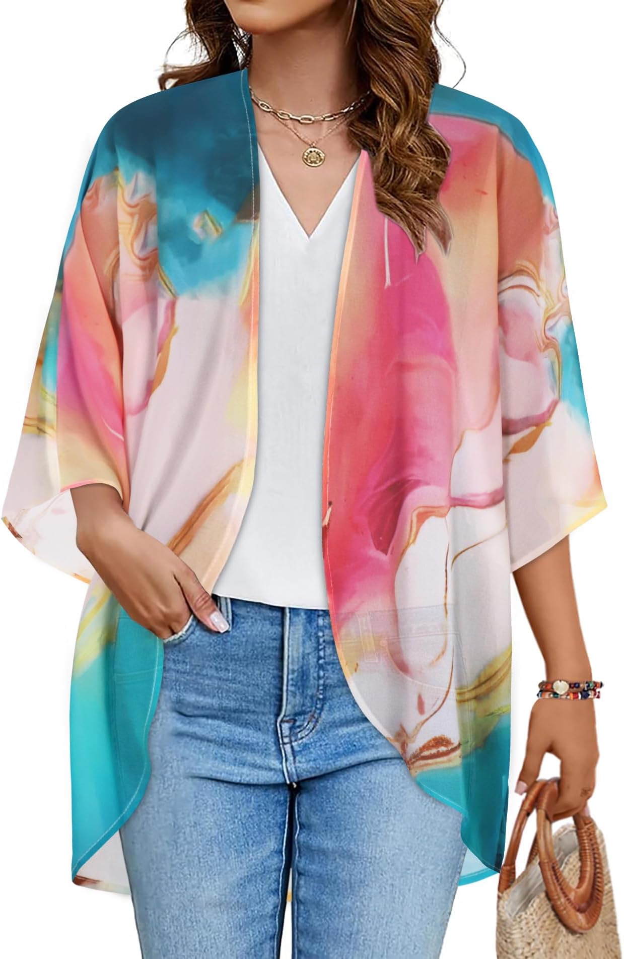 Women's Floral Print Puff Sleeve Kimono Cardigan Loose Cover Up Casual Blouse Tops