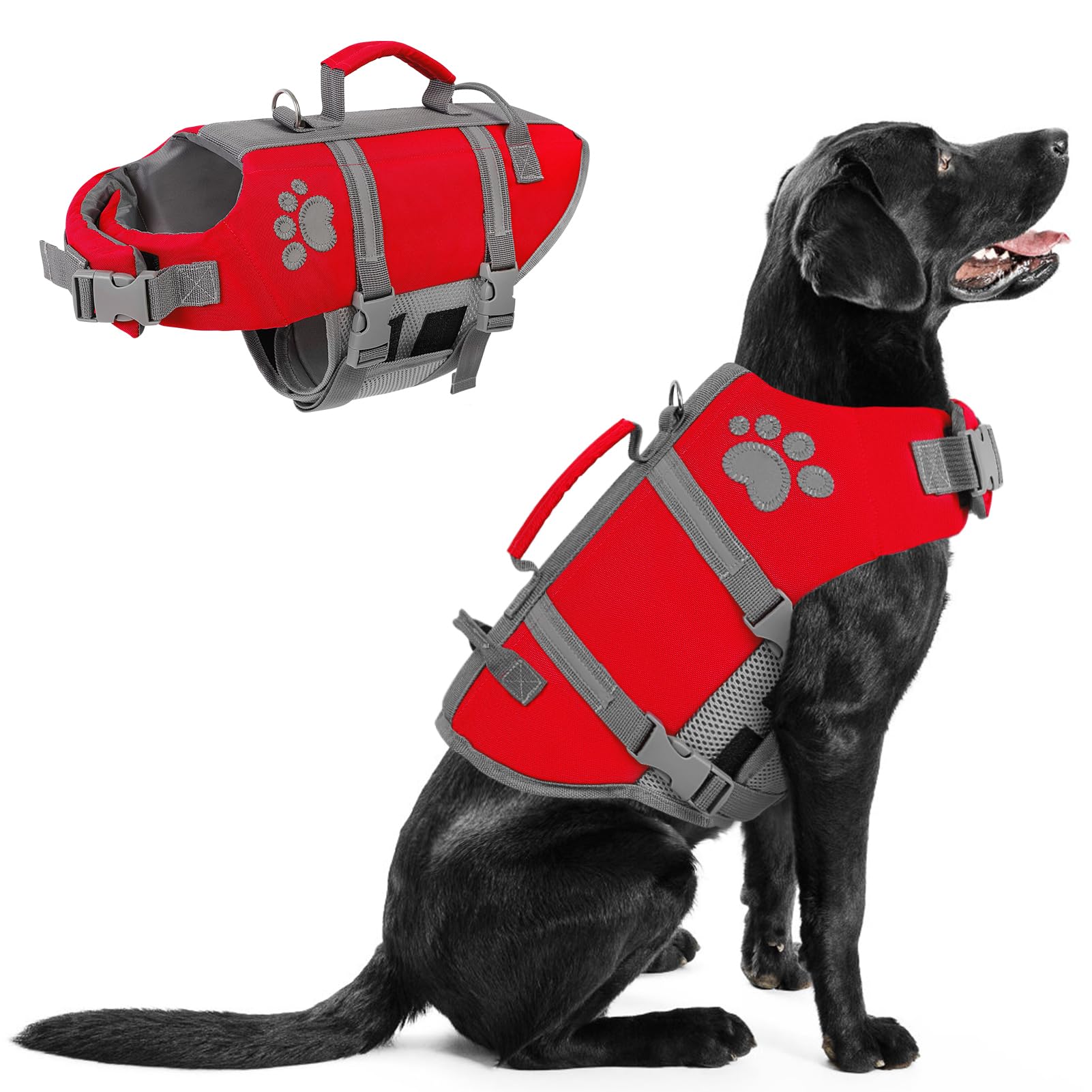 Queenmore Salvagente Cane Taglia Grande Giubbotto Salvataggio Xxl, Leggero, Regolabile, Riflettente, Giubbotto Salvagente Per Cani Grandi, Piscina Cani Accessori, Rosso, 2XL