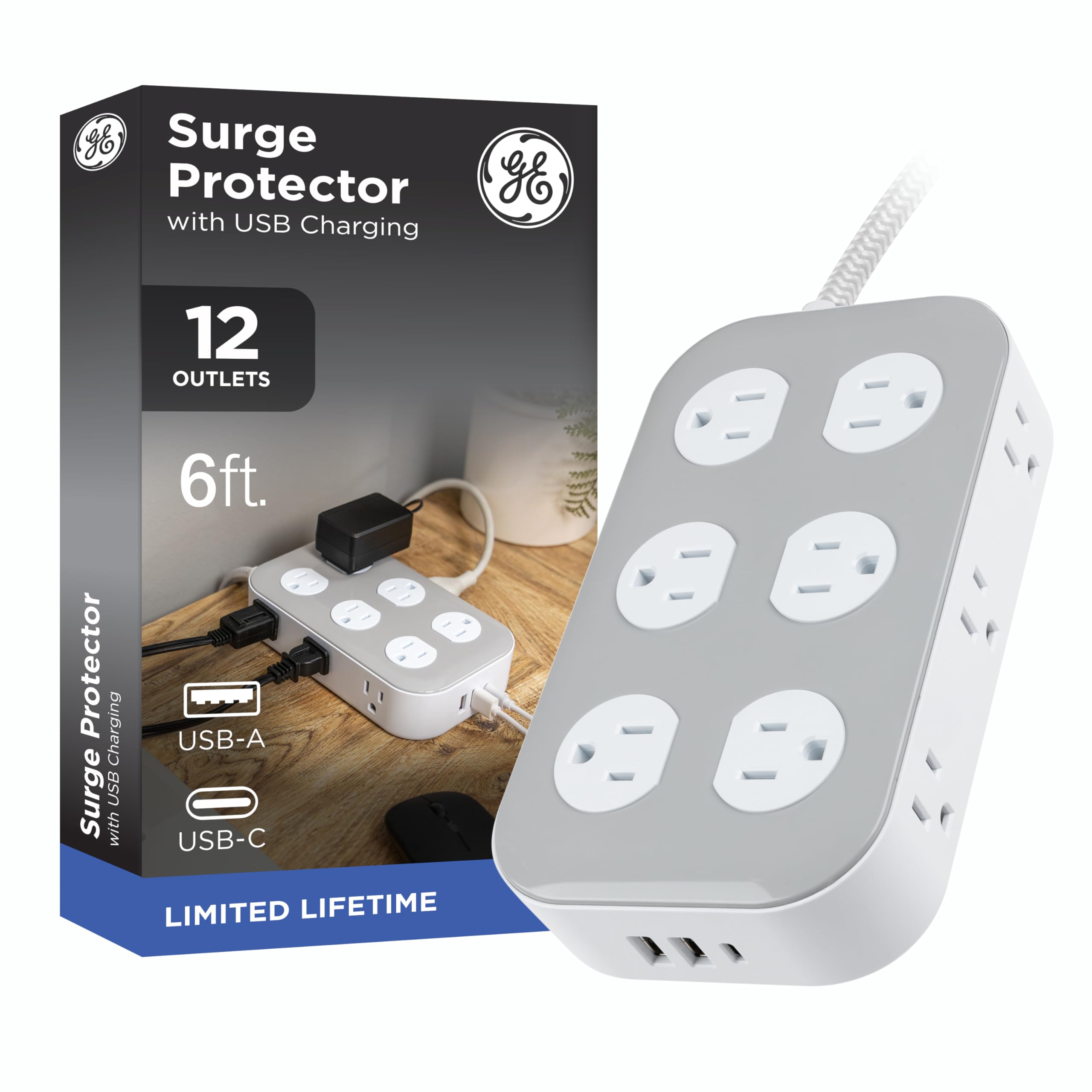 GE Surge Protector Power Strip with USB Ports, 6 Ft Braided Extension Cord, 2100 Joules, 12 Outlet Extender, 2 USB-A, 1 USB-C, Flat Plug, Charging Station, ETL Safety Certified, White, 84214