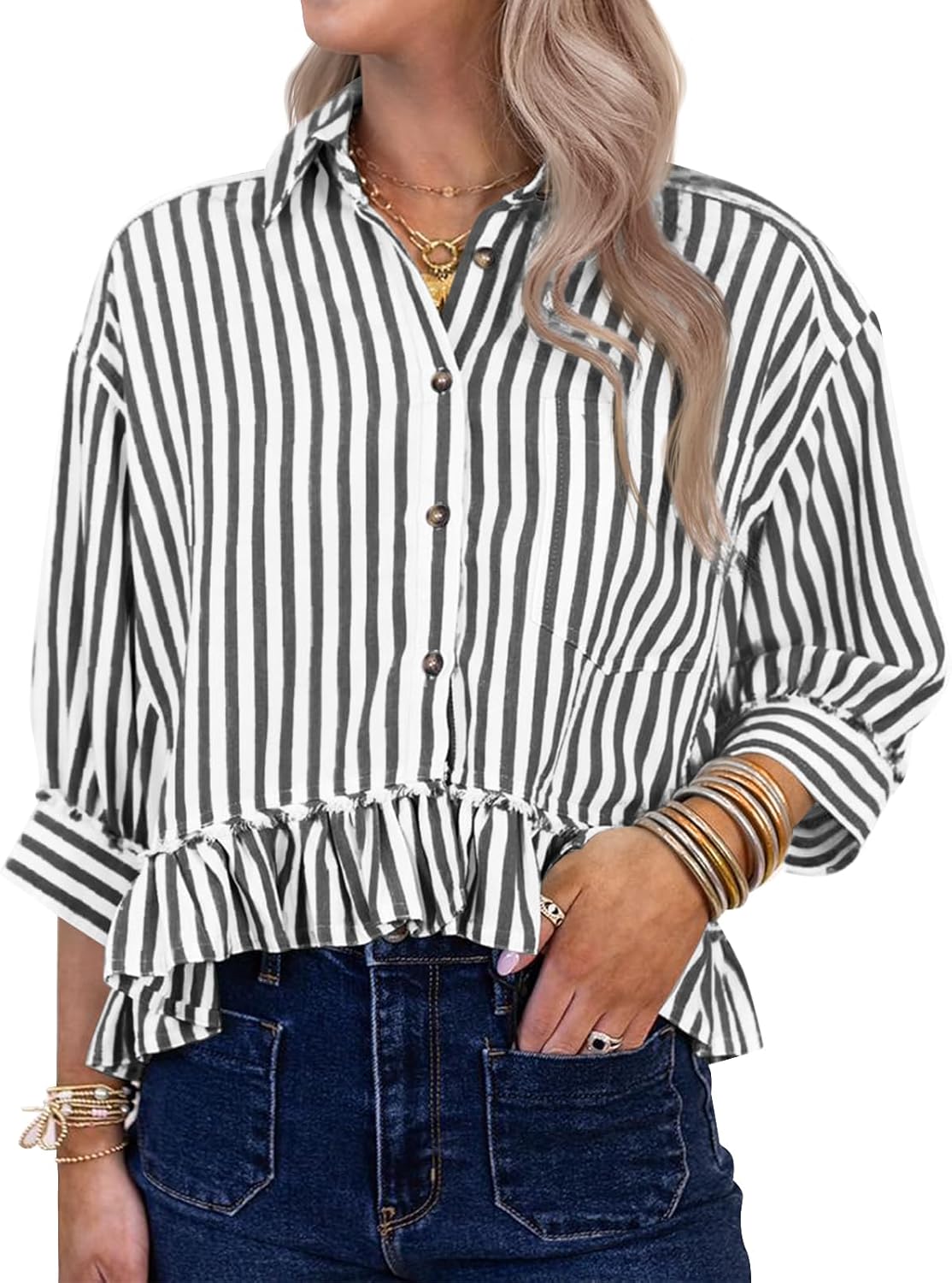 Cicy Bell Womens Cropped Striped Button Down Shirts Ruffle 3/4 Length Sleeve Summer Tops Dressy Casual Blouses - Image 2