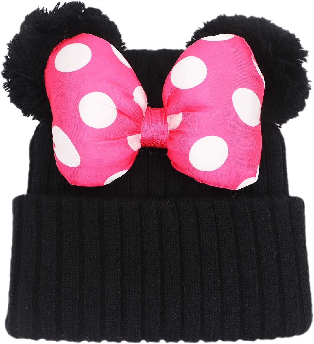 Toddler Girls Winter Beanie Hats with Pom Poms Warm Knit Baby Cap with Cute Mouse Ears Bowknot
