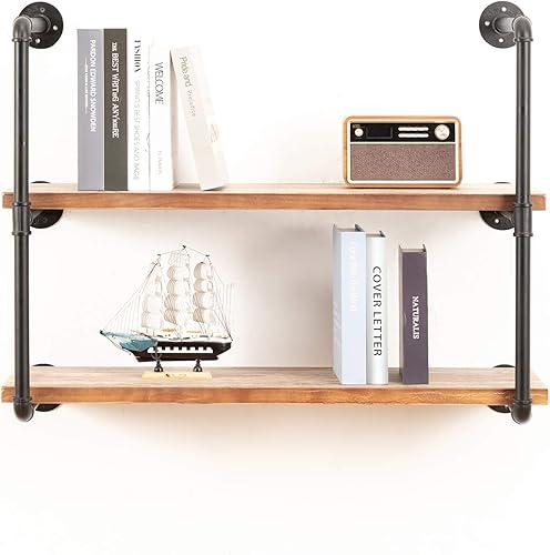 Estantería industrial de tubería montada en la pared, estantes flotantes de metal rústico, estanterías de madera real Steampunk, estantes colgantes