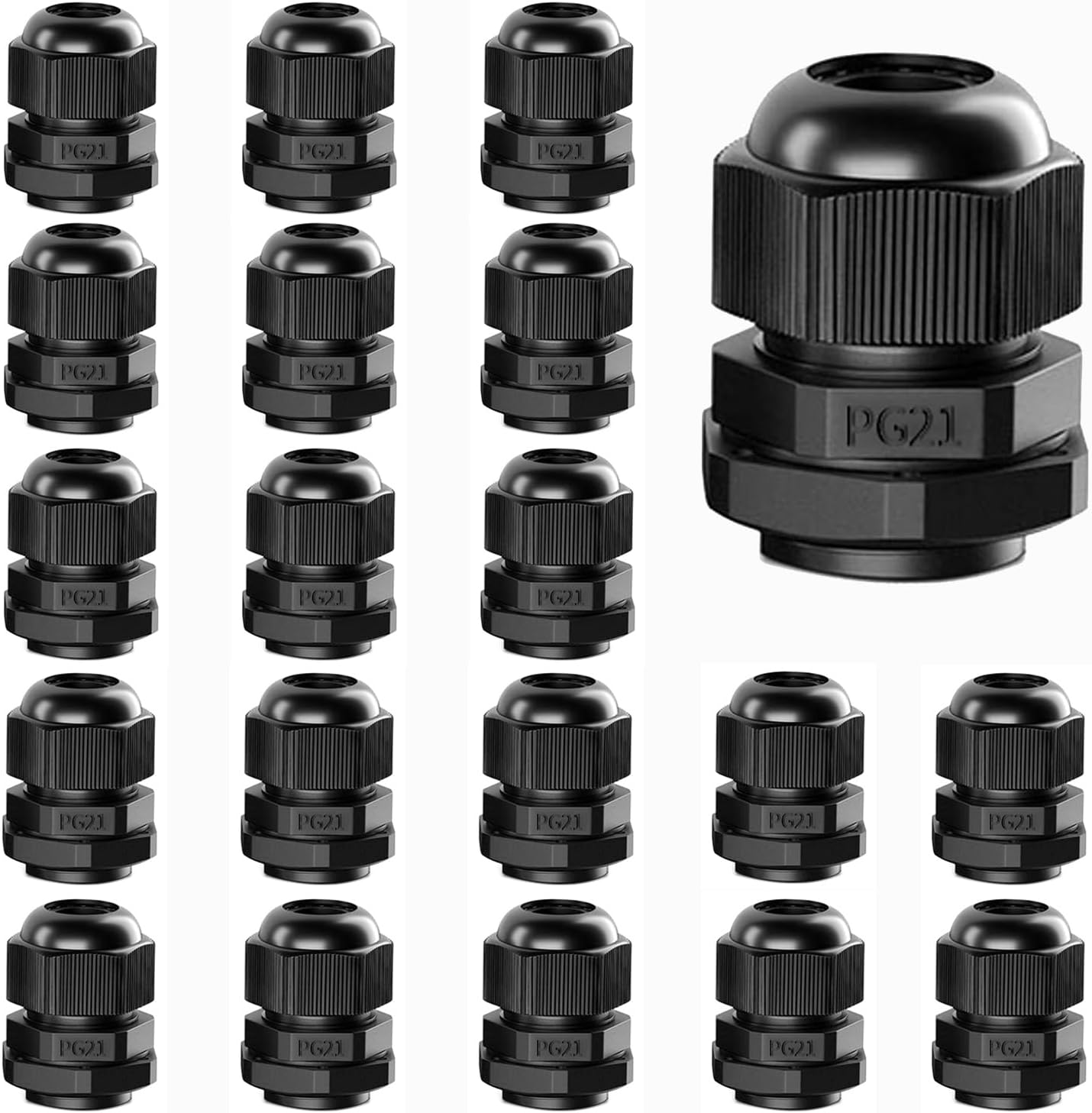 20PCS PG21 Cable Gland Waterproof Adjustable 13-18mm/0.51-0.71inch Nylon Cable Glands Joints with Gaskets (PG21, 20PCS)