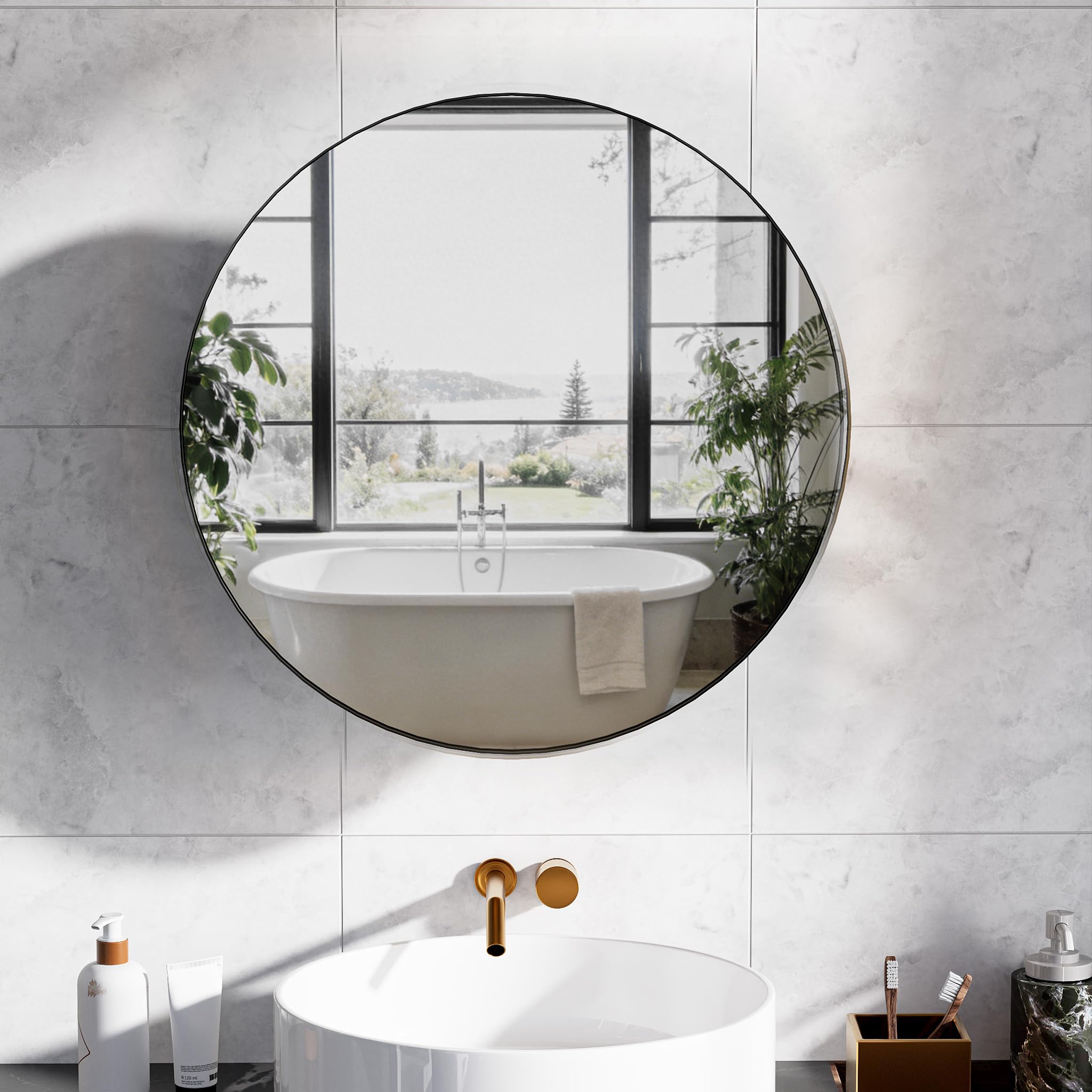 Armoire Salle de Bain avec Miroir Murale Arrondi Métal Armoire de Toilette Miroir avec 2 Étagère Noir (Aucun Assemblage requis) 52x52x12.5 cm