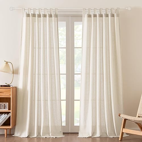 FantasDecor - Cortina de lino para ventana, cortinas de lino y cortinas con cierre de pestañas, 2 paneles por juego, multicolor en blanco, natural,