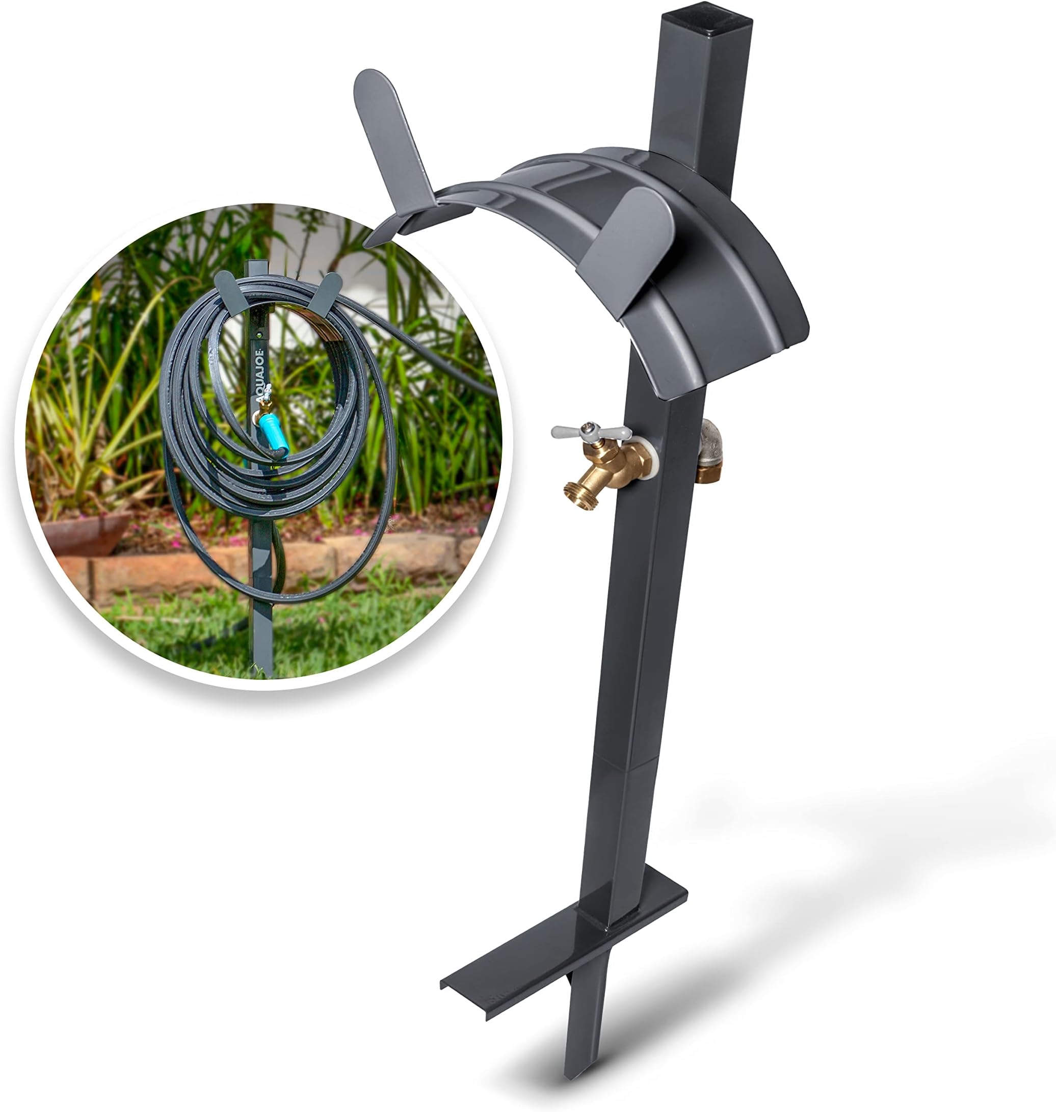 Aqua Joe SJSHSBBGRY Steel Garden Hose Stand with Solid