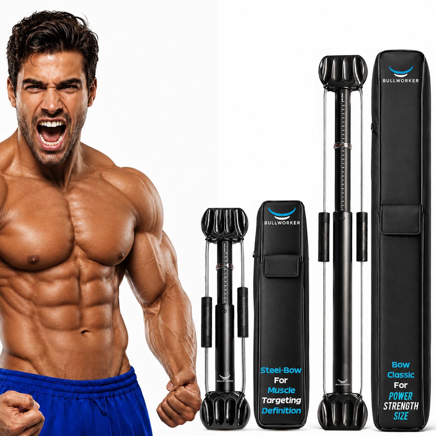 Bullworker Power Pack - Equipo de ejercicio isométrico - Bow Classic de 36 pulgadas, arco de acero de 20 pulgadas y correas de entrenamiento de suspensión ISO-FLO, gimnasio en casa para hombres y