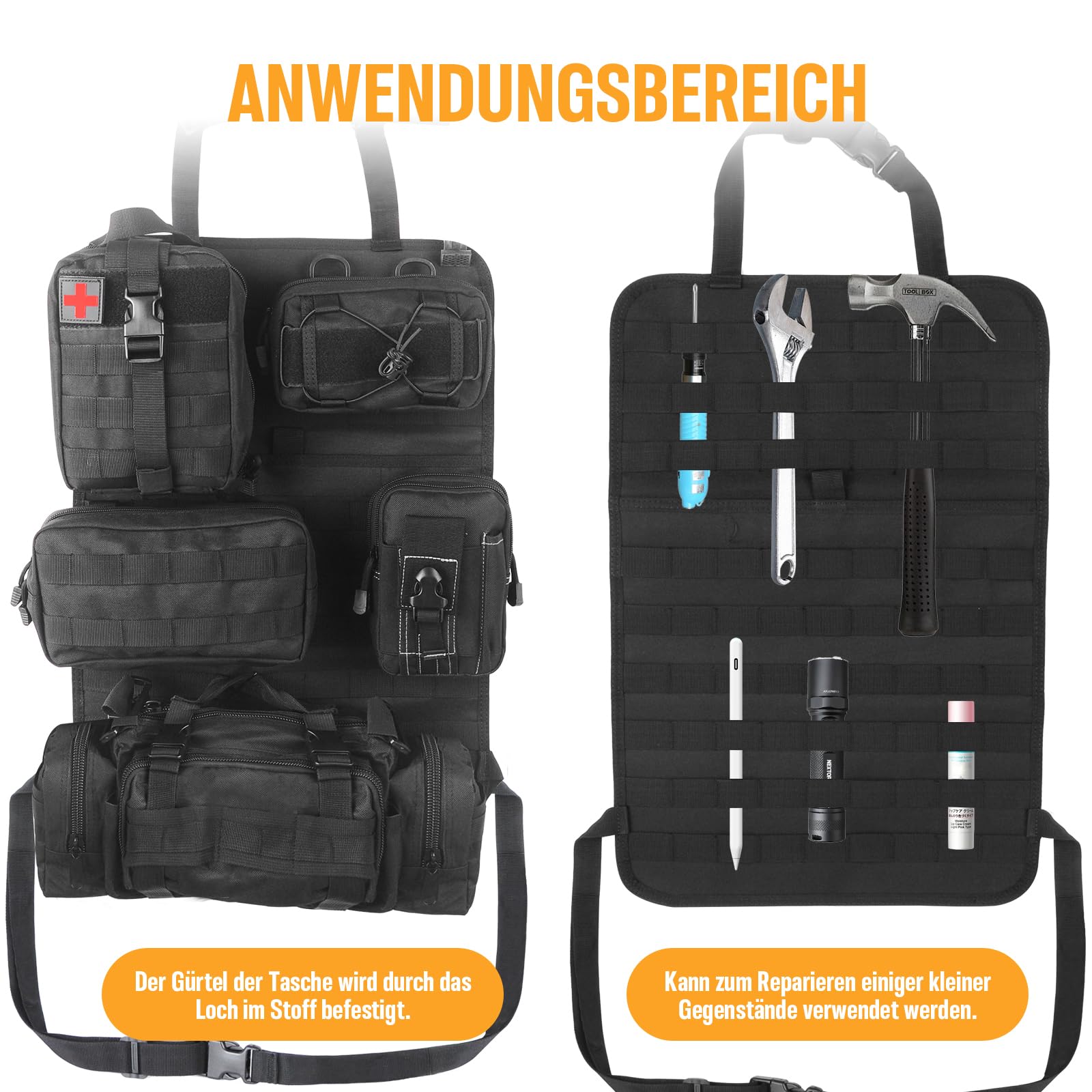 Universeller Molle Nylon Taktischer Autositz Organizer, Vordersitz Rückenlehnen-Aufbewahrungstasche, Rückenlehnenschutz mit 5 Taschen für alle Fahrzeuge